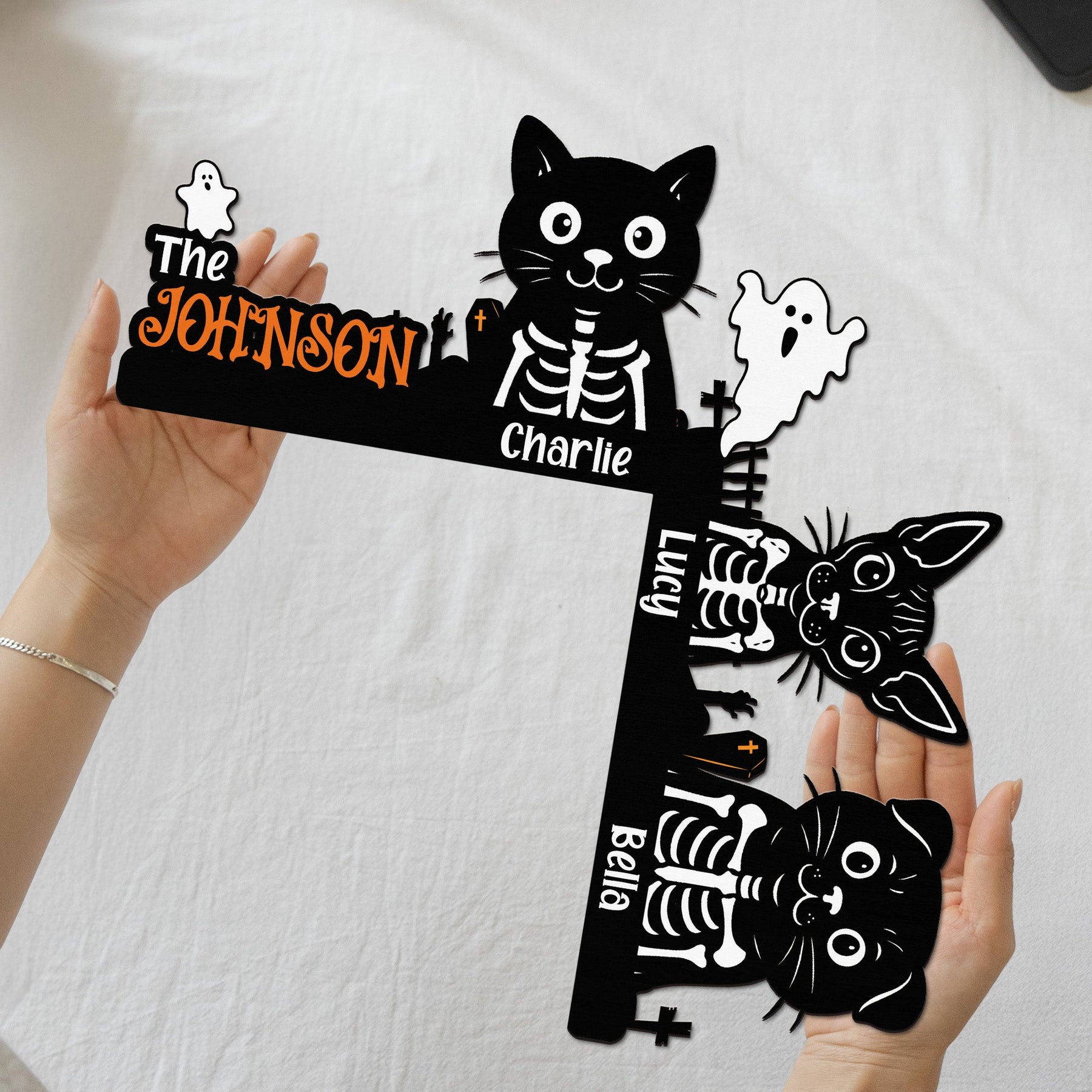 Halloween Skeleton Pet With Custom Family Name - Personalized Door Corner Wood Sign