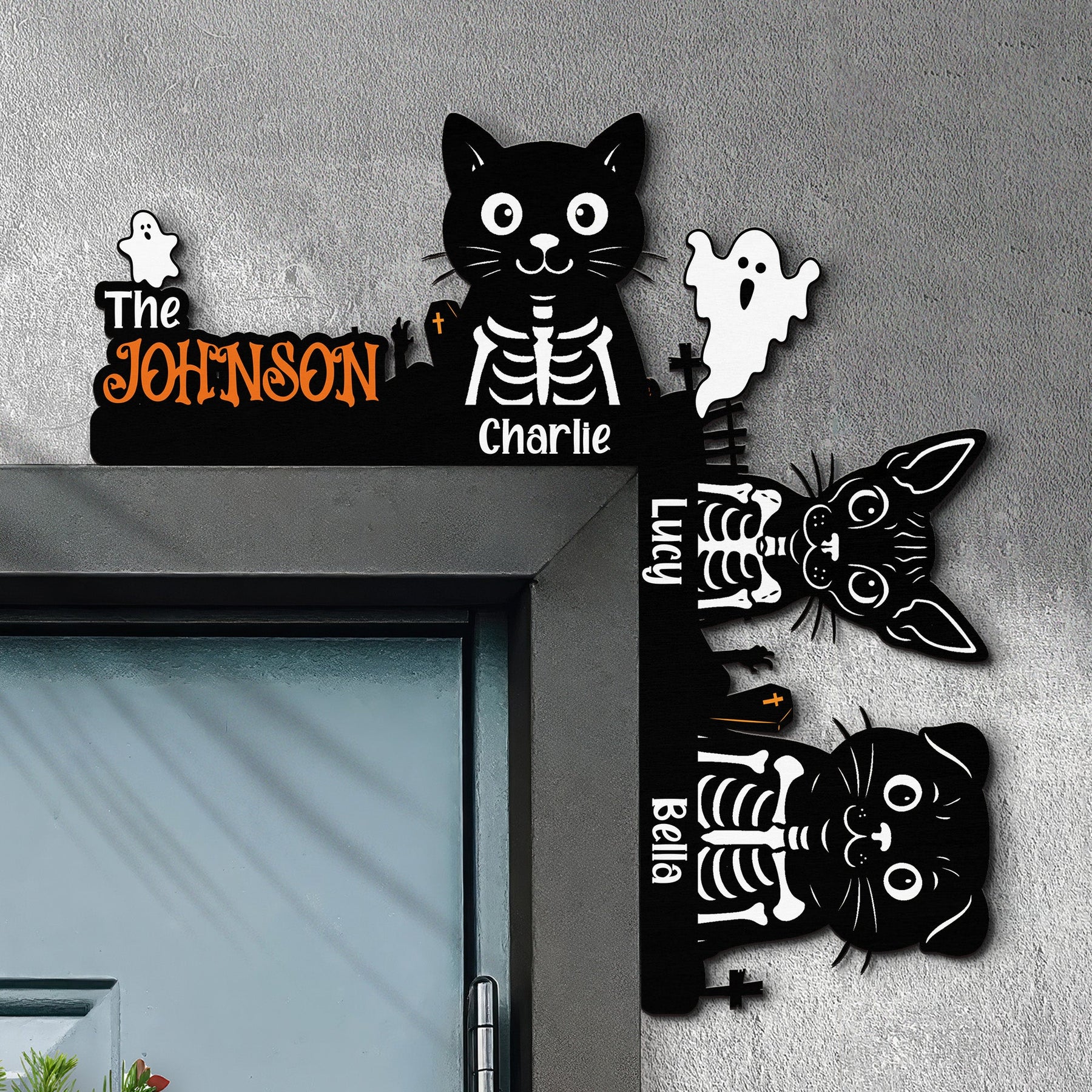 Halloween Skeleton Pet With Custom Family Name - Personalized Door Corner Wood Sign