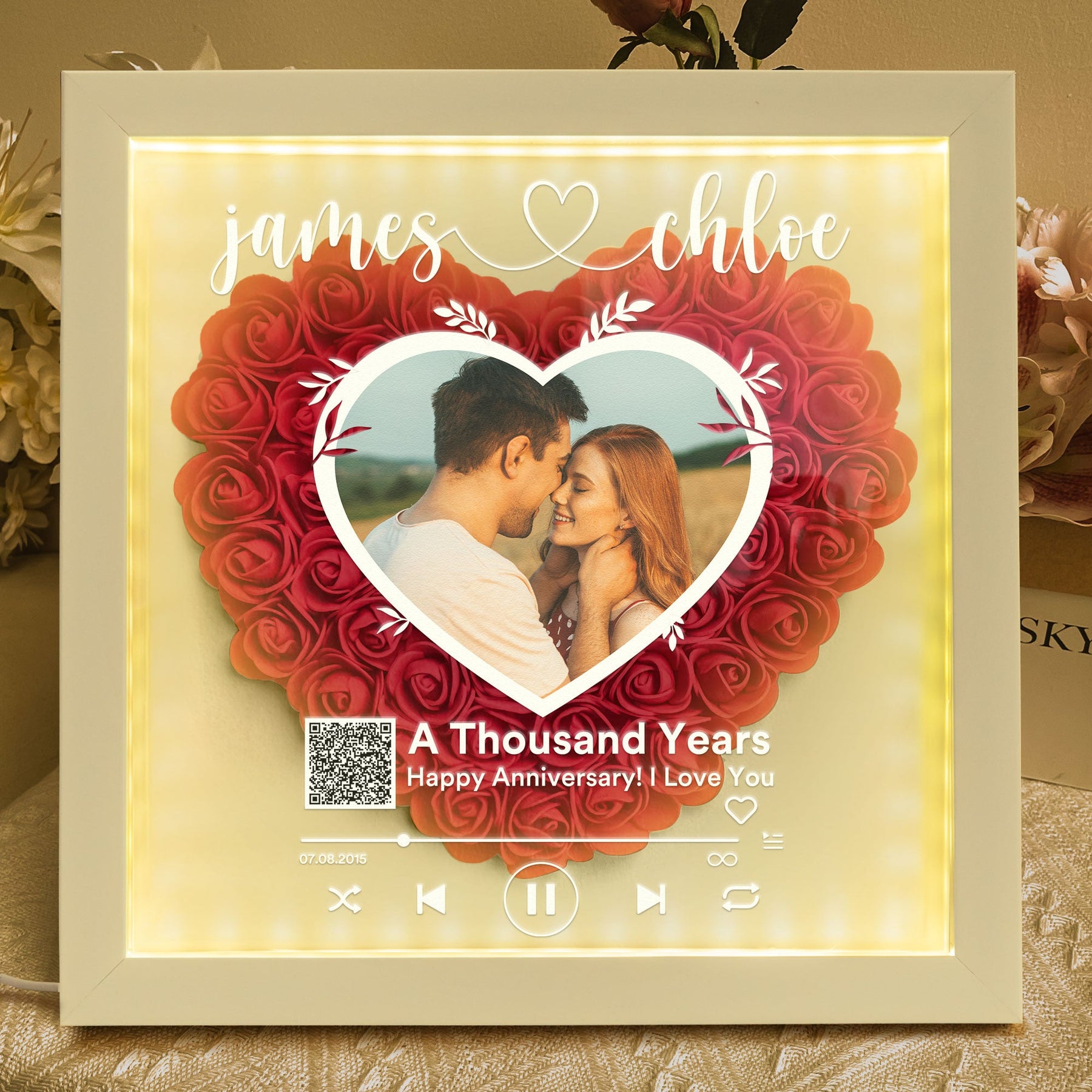 Happy Anniversary QR Song/Sound - Personalized Photo Flower Shadow Box With LED Light
