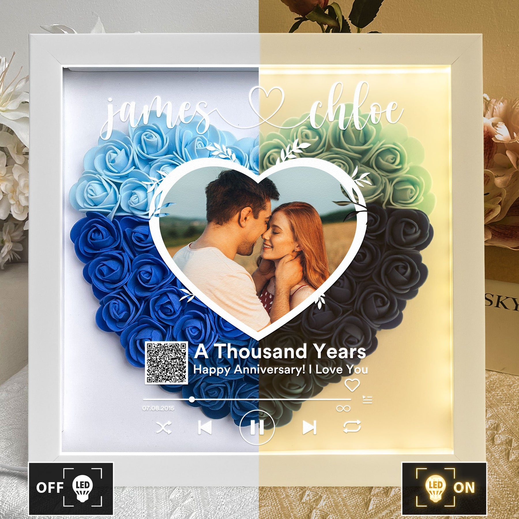 Happy Anniversary QR Song/Sound - Personalized Photo Flower Shadow Box With LED Light