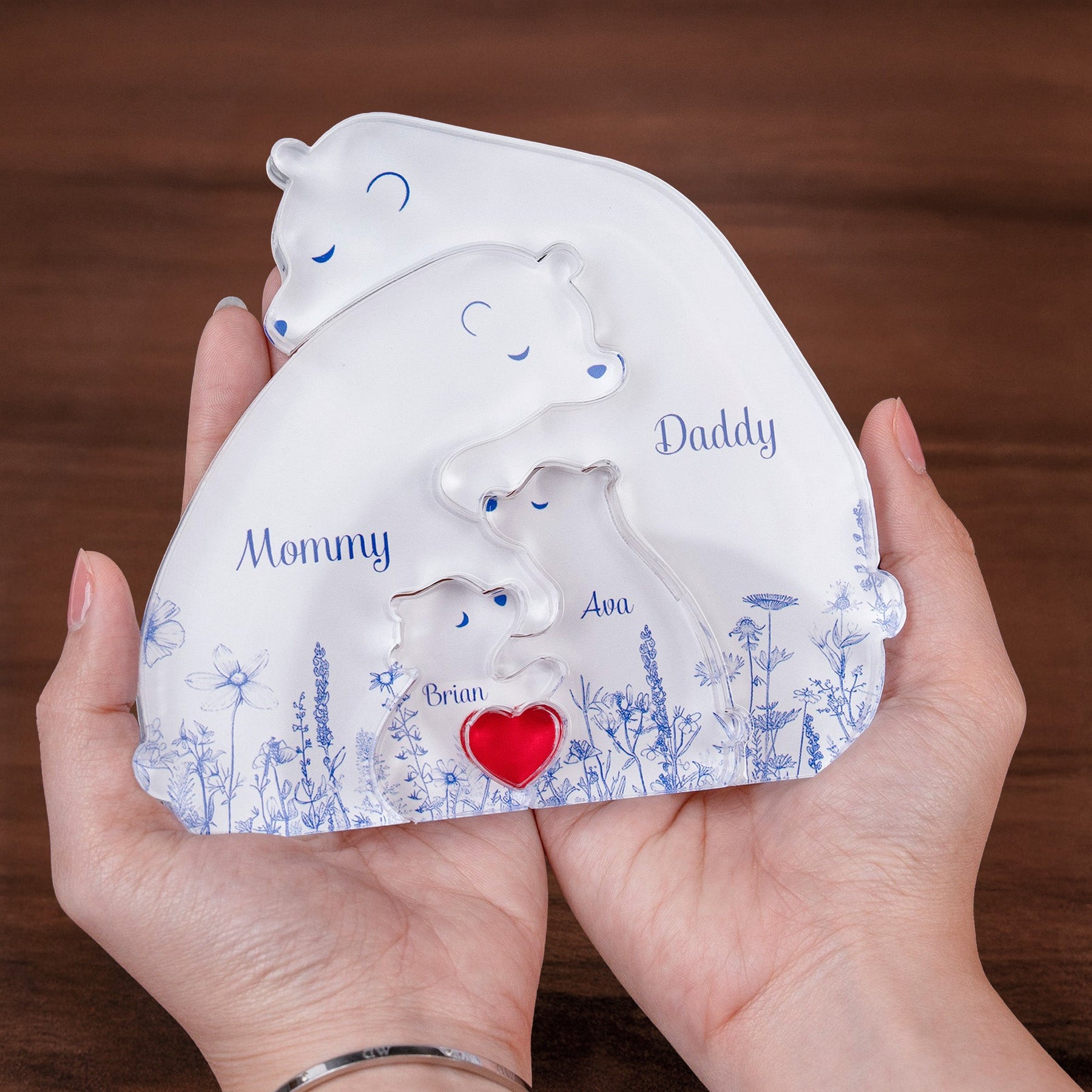 Hugging Bear Family Puzzle Toile De Jouy Style - Personalized Acrylic Bear Family Puzzle