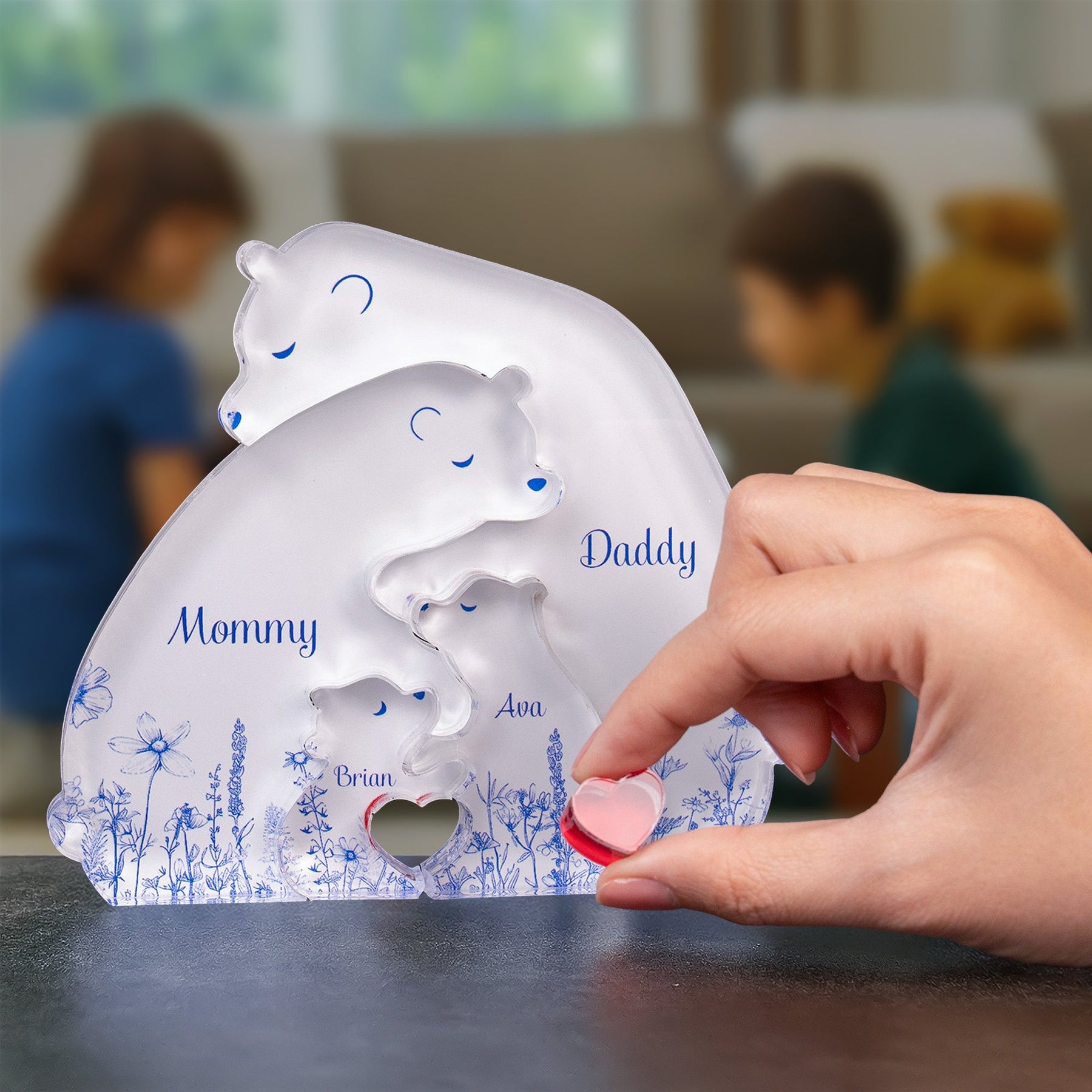 Hugging Bear Family Puzzle Toile De Jouy Style - Personalized Acrylic Bear Family Puzzle
