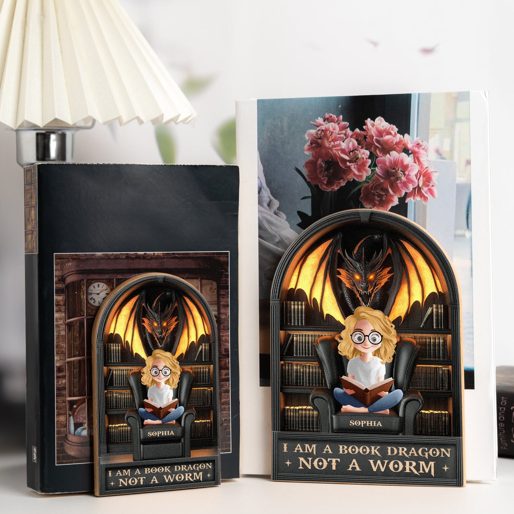 I Am A Book Dragon Not A Worm - Custom Wood Book Ends