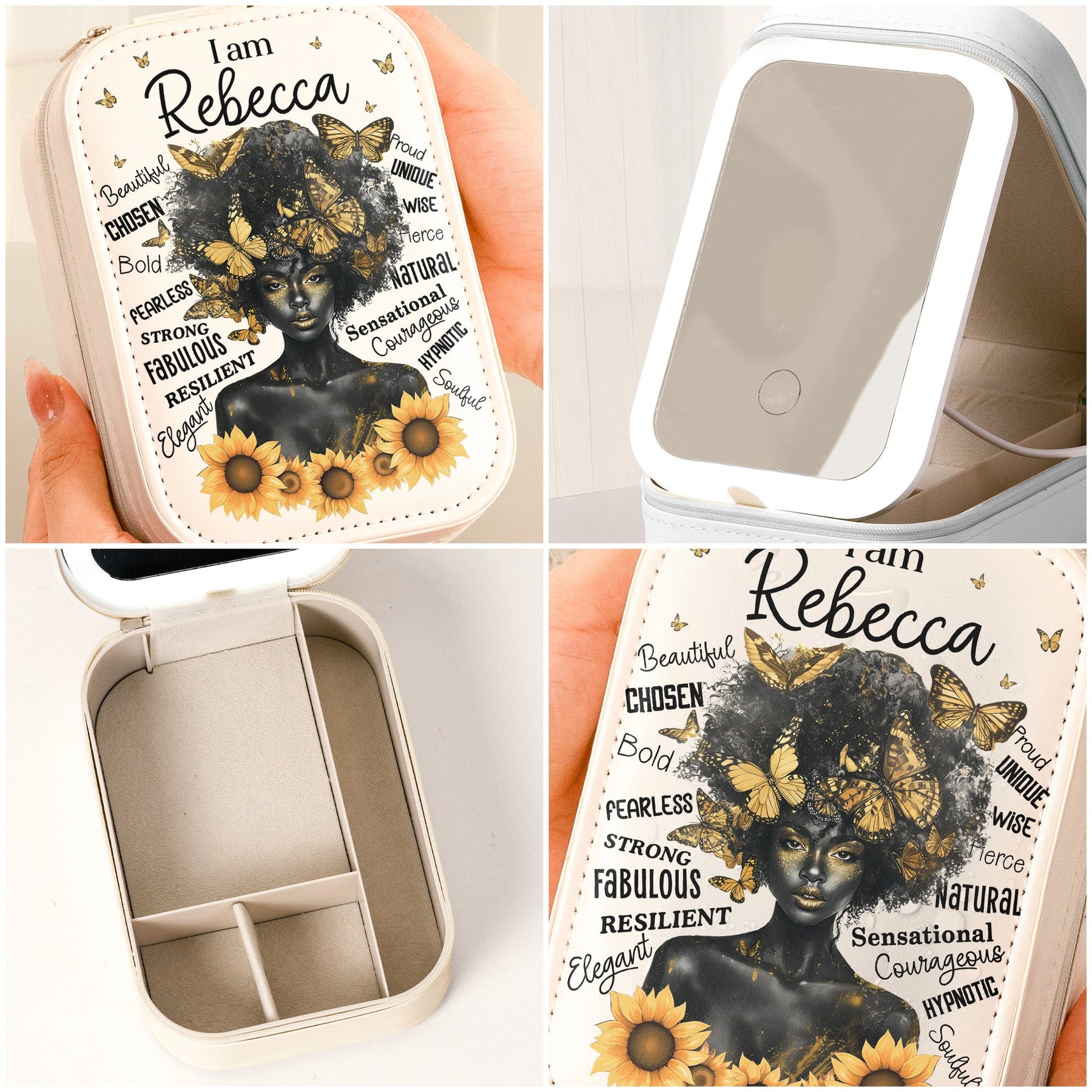 I Am Beautiful, Strong & Bold - Custom Makeup Box With LED Mirror