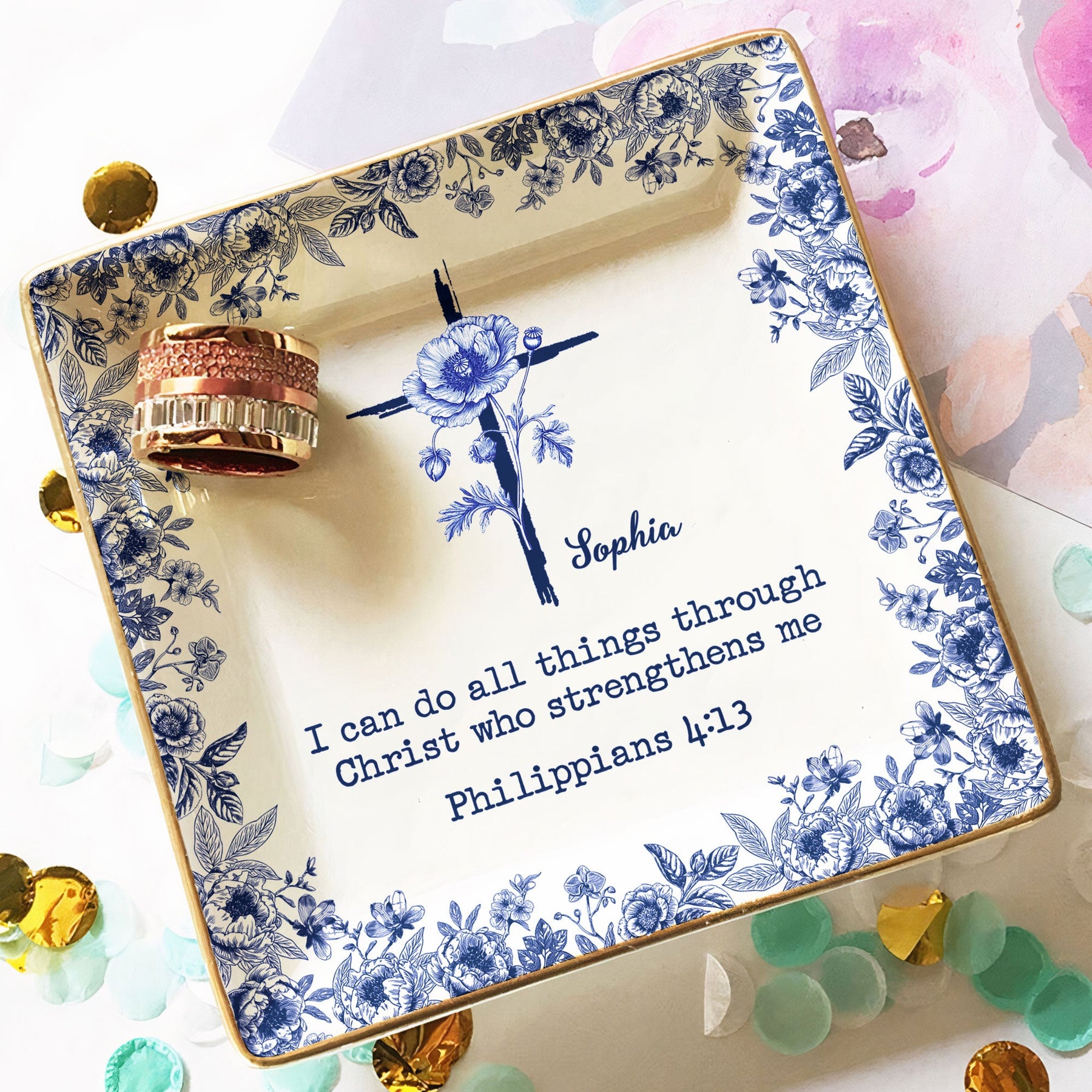 I Can Do All Things Birth Flower Toile De Jouy - Personalized Jewelry Dish