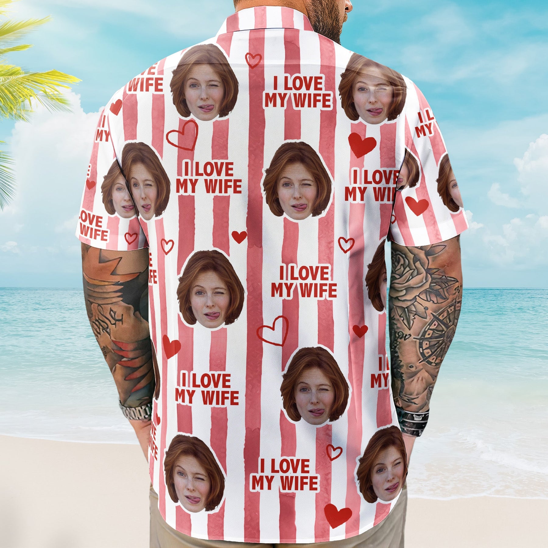 I Love My Wife Stripe Pattern Summer Trip - Personalized Photo Hawaiian Shirt