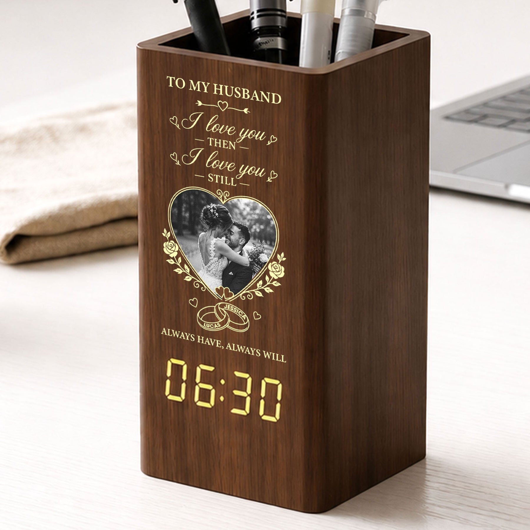 I Love You Then I Love You Still, Wedding Gifts, Anniversary Gift For Her, Couple - Personalized Pen Holder With Clock