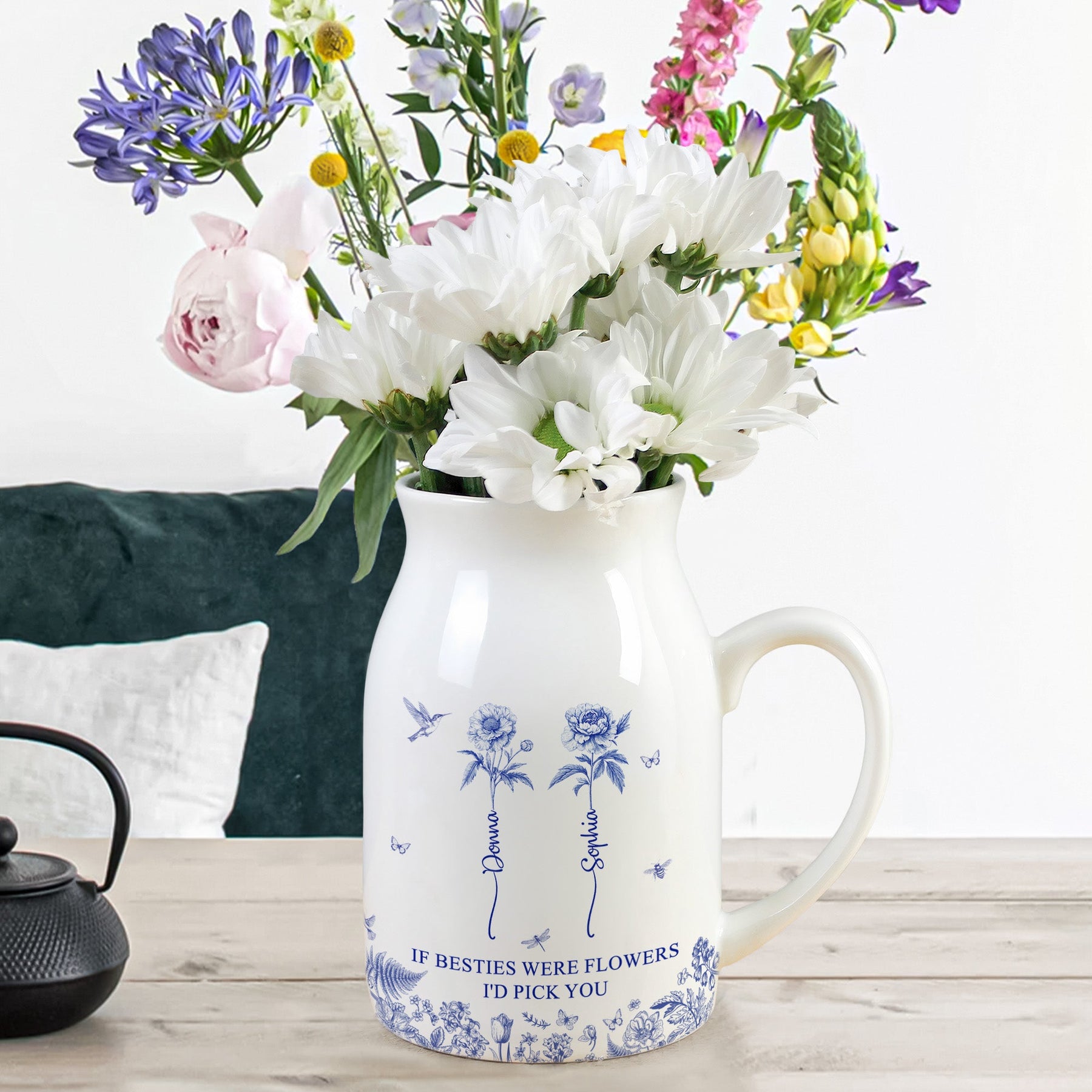 If Besties Were Flowers I'd Pick You - Toile De Jouy Birth Flowers - Personalized Ceramic Flower Vase