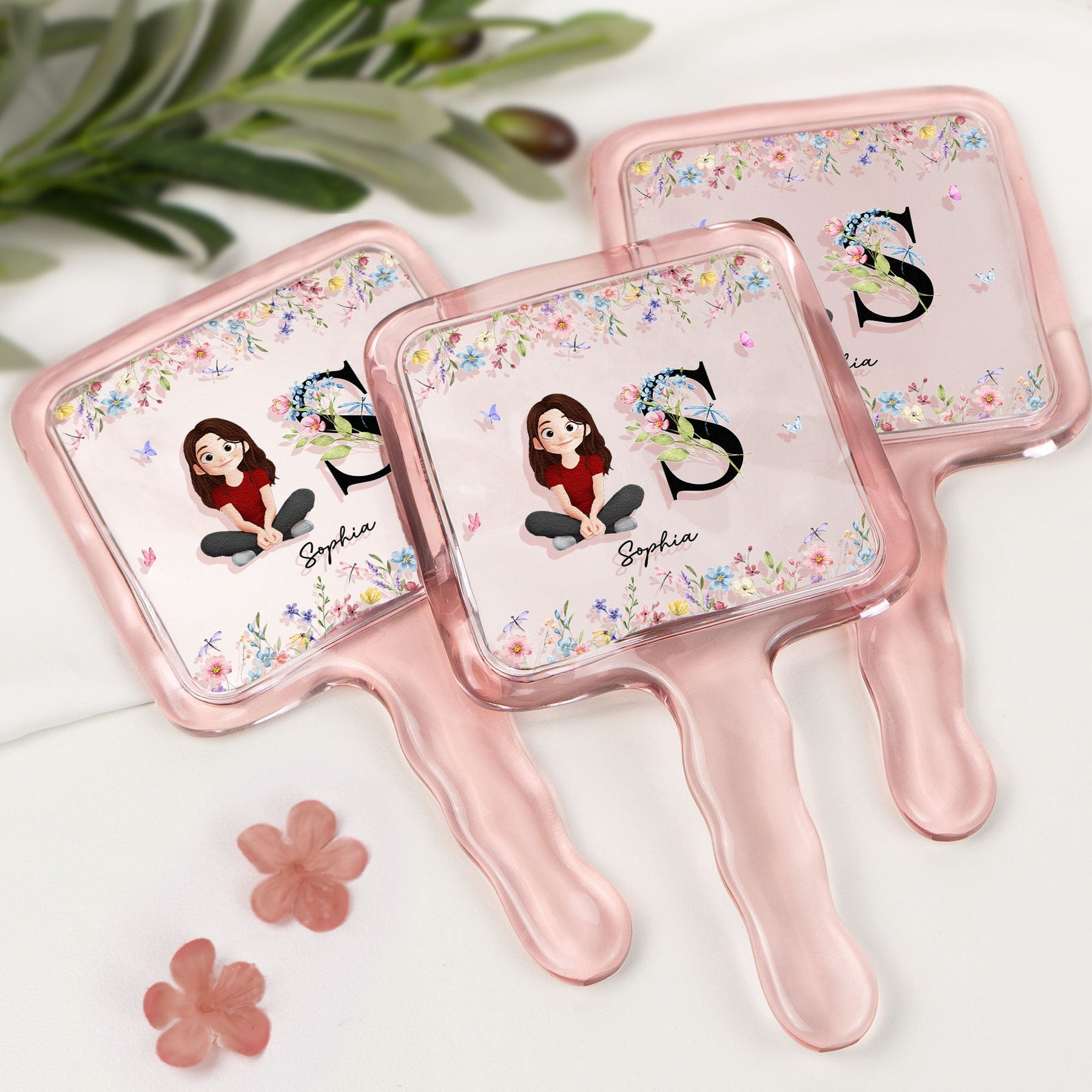 Initial Name With Floral - Personalized Handheld Mirror