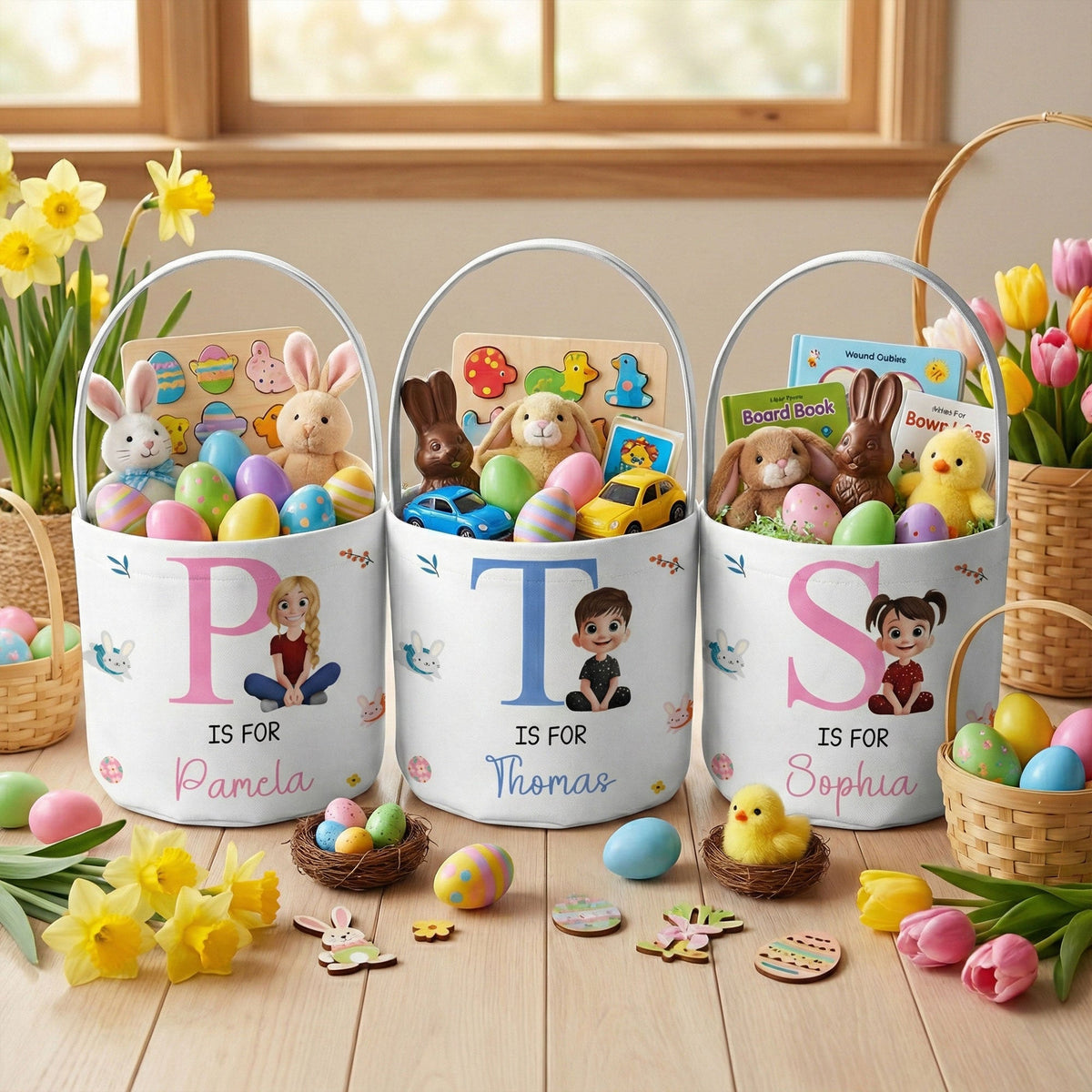 Initial Name Cute Cartoon - Personalized Easter Basket