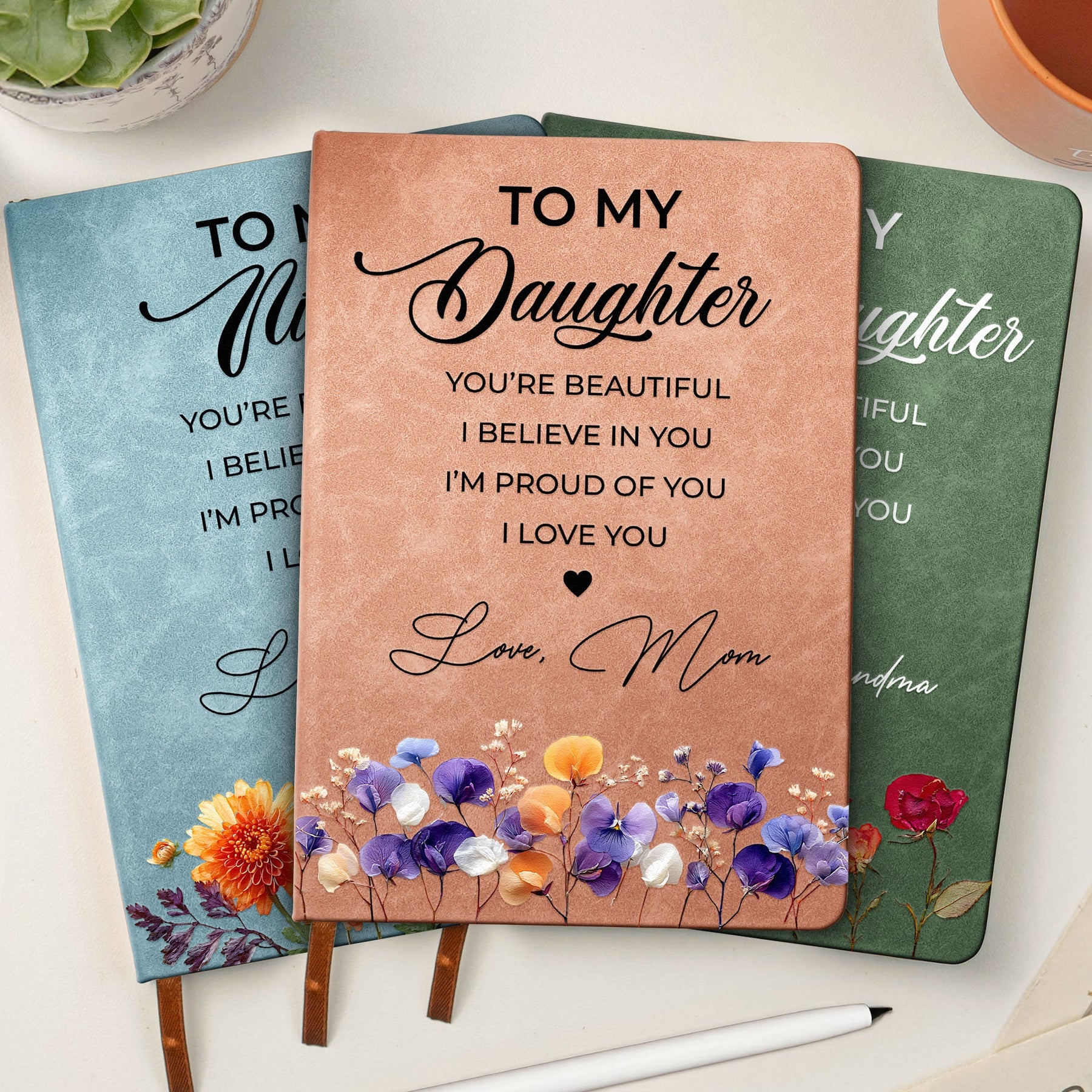Inspirational Gift For Her Faux Pressed Birth Flower - Personalized Leather Journal