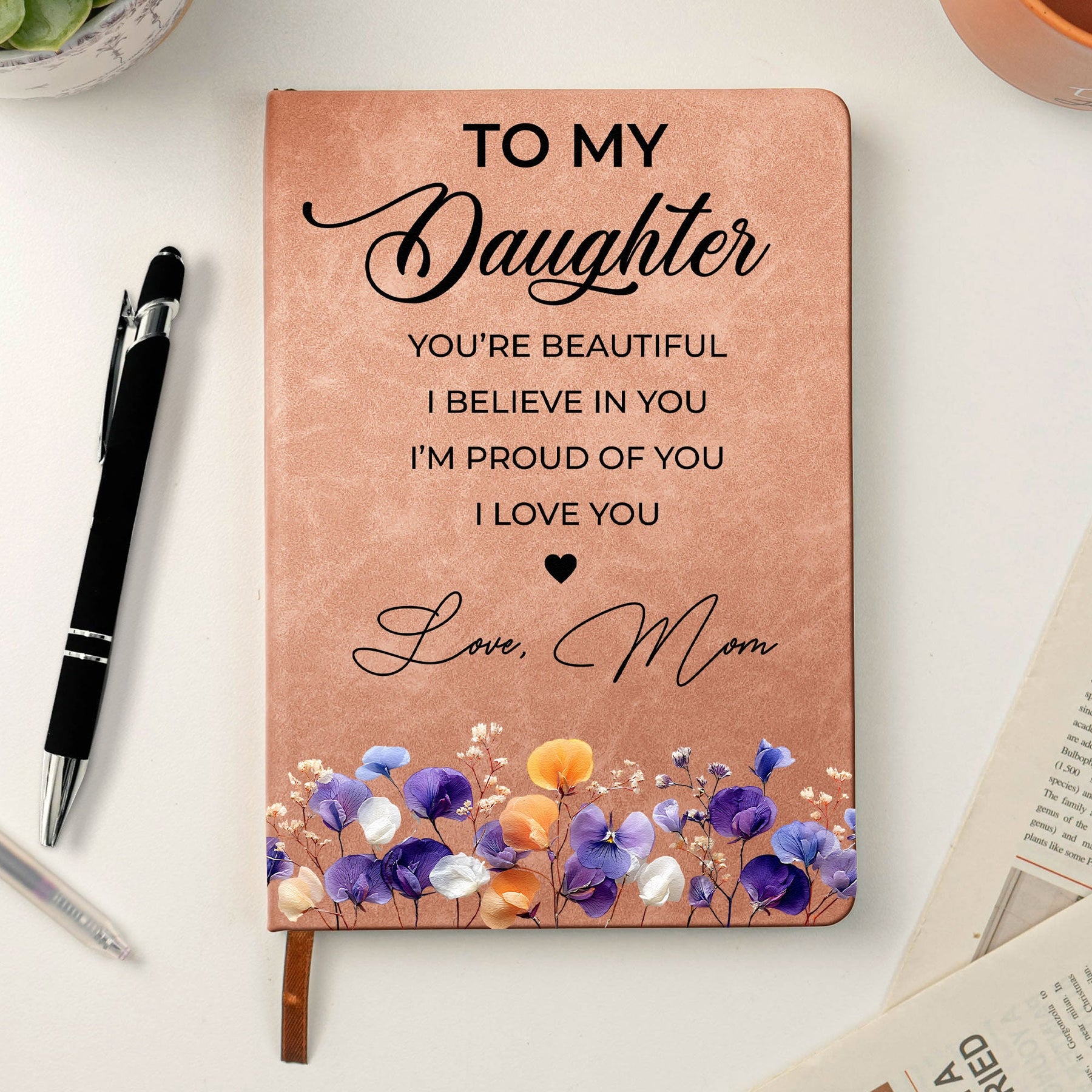Inspirational Gift For Her Faux Pressed Birth Flower - Personalized Leather Journal