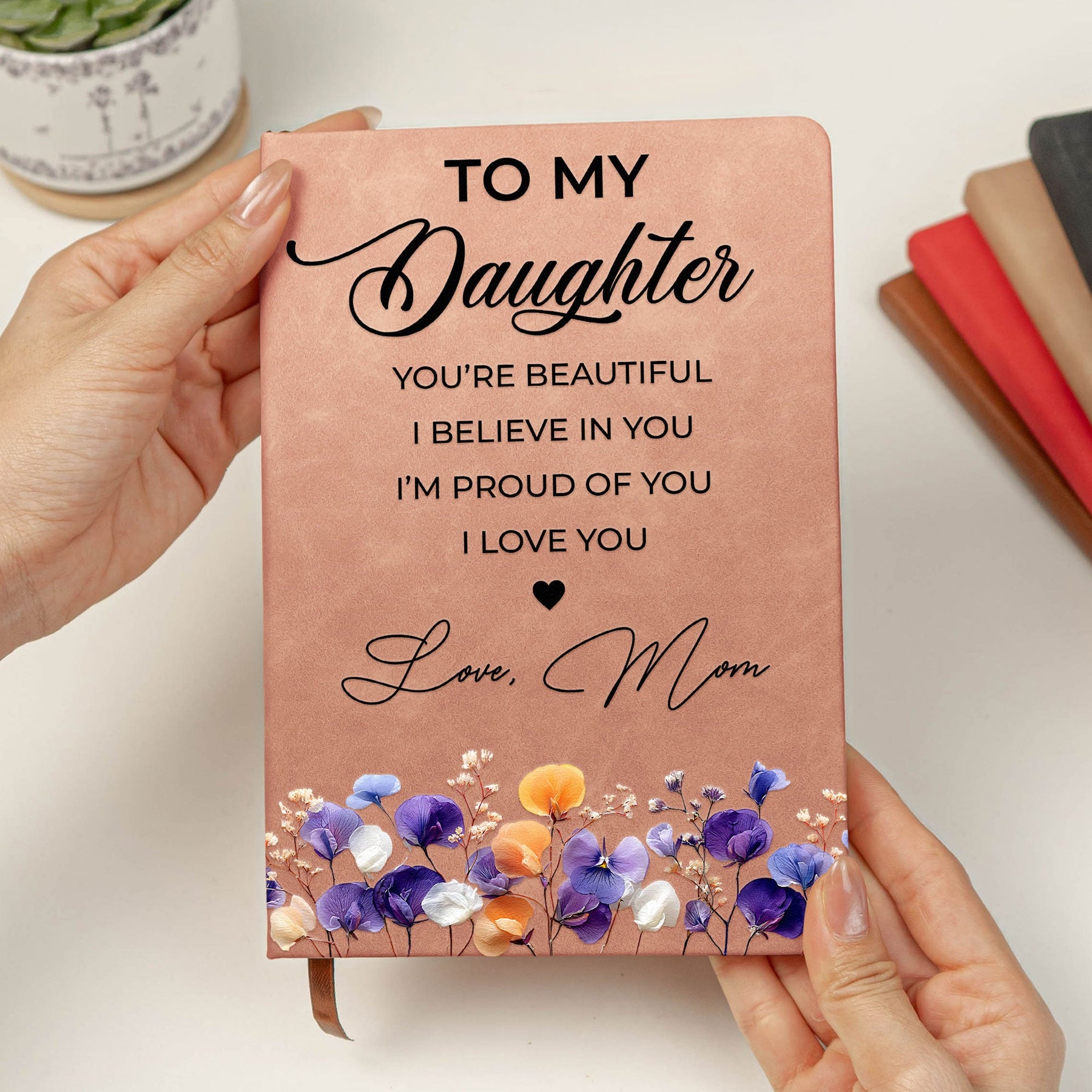 Inspirational Gift For Her Faux Pressed Birth Flower - Personalized Leather Journal