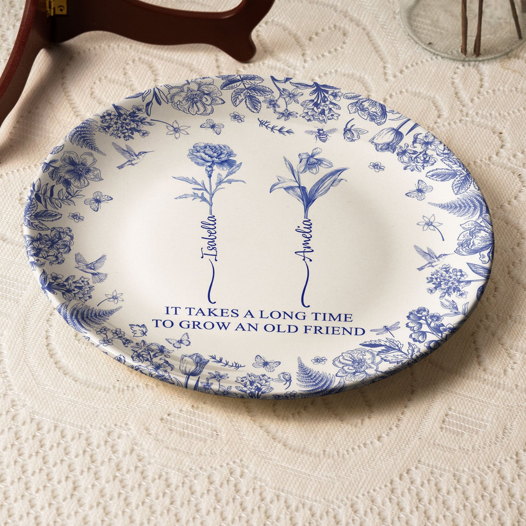 It Takes A Long Time To Grow An Old Friend - Custom Birth Flower Toile De Jouy - Personalized Ceramic Plate