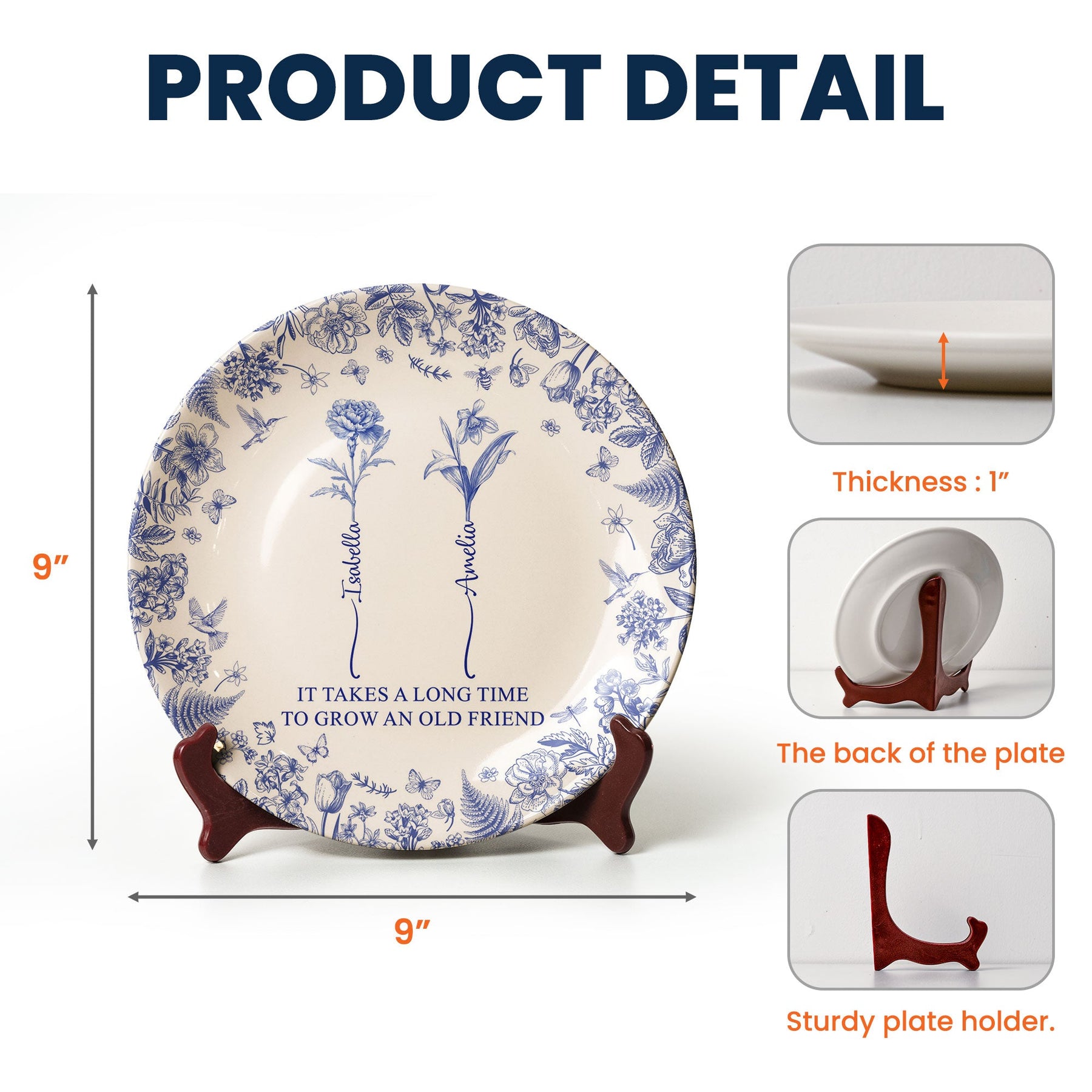 It Takes A Long Time To Grow An Old Friend - Custom Birth Flower Toile De Jouy - Personalized Ceramic Plate