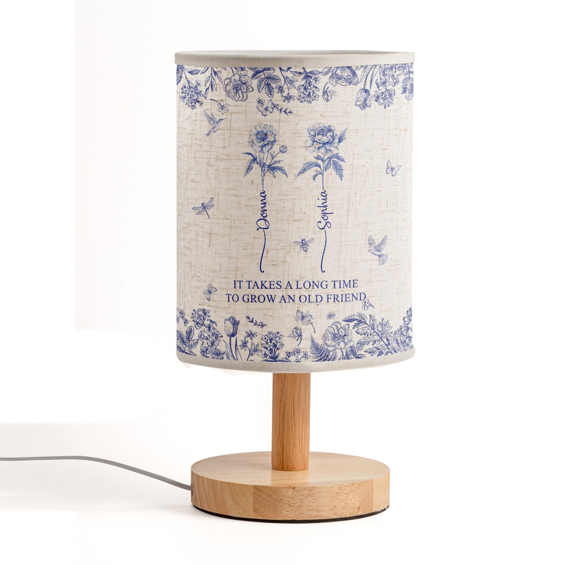 It Takes A Long Time To Grow An Old Friend - Custom Birth Flower Toile De Jouy - Personalized Fabric Lamp