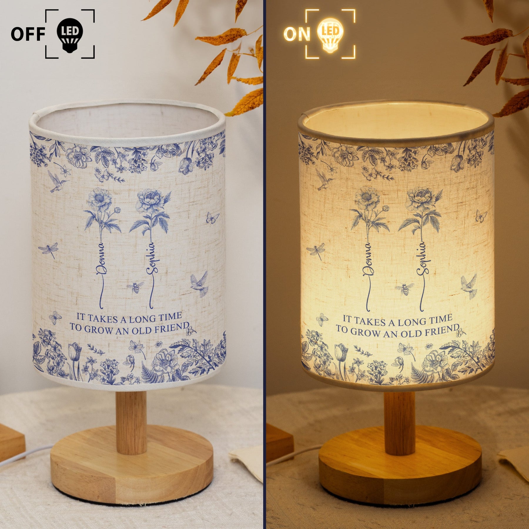 It Takes A Long Time To Grow An Old Friend - Custom Birth Flower Toile De Jouy - Personalized Fabric Lamp