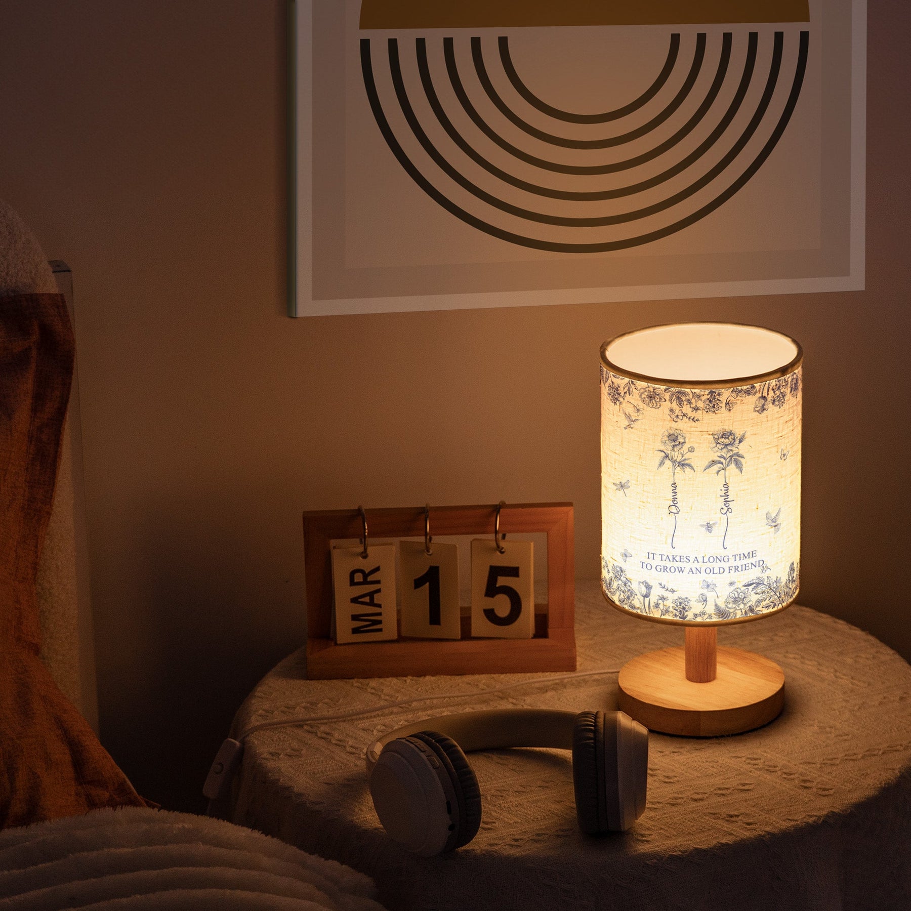 It Takes A Long Time To Grow An Old Friend - Custom Birth Flower Toile De Jouy - Personalized Fabric Lamp