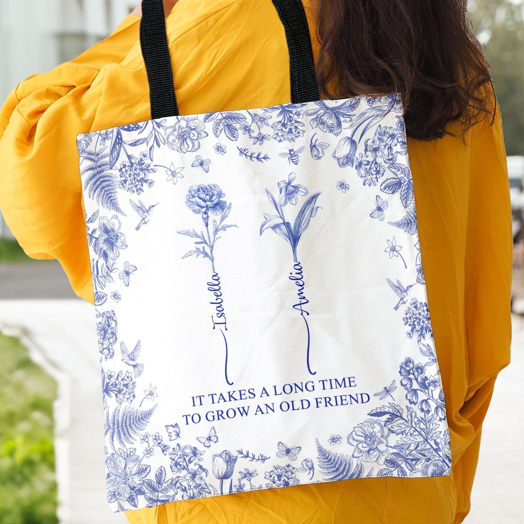 It Takes A Long Time To Grow An Old Friend Custom Birth Flower Toile De Jouy - Personalized Tote Bag