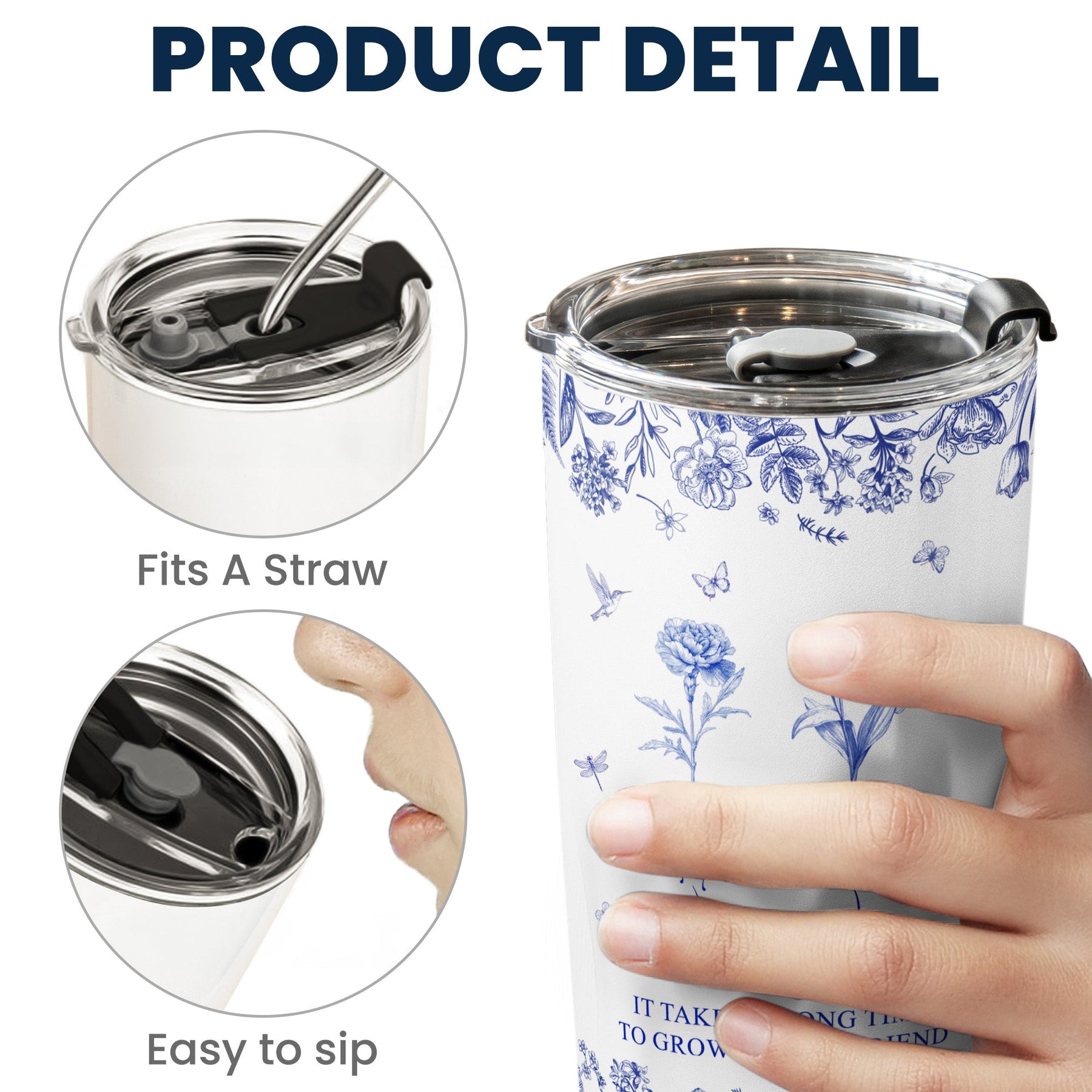 It Takes A Long Time To Grow An Old Friend Custom Birth Flower Toile De Jouy - Personalized Tumbler Cup - Gift For Friend