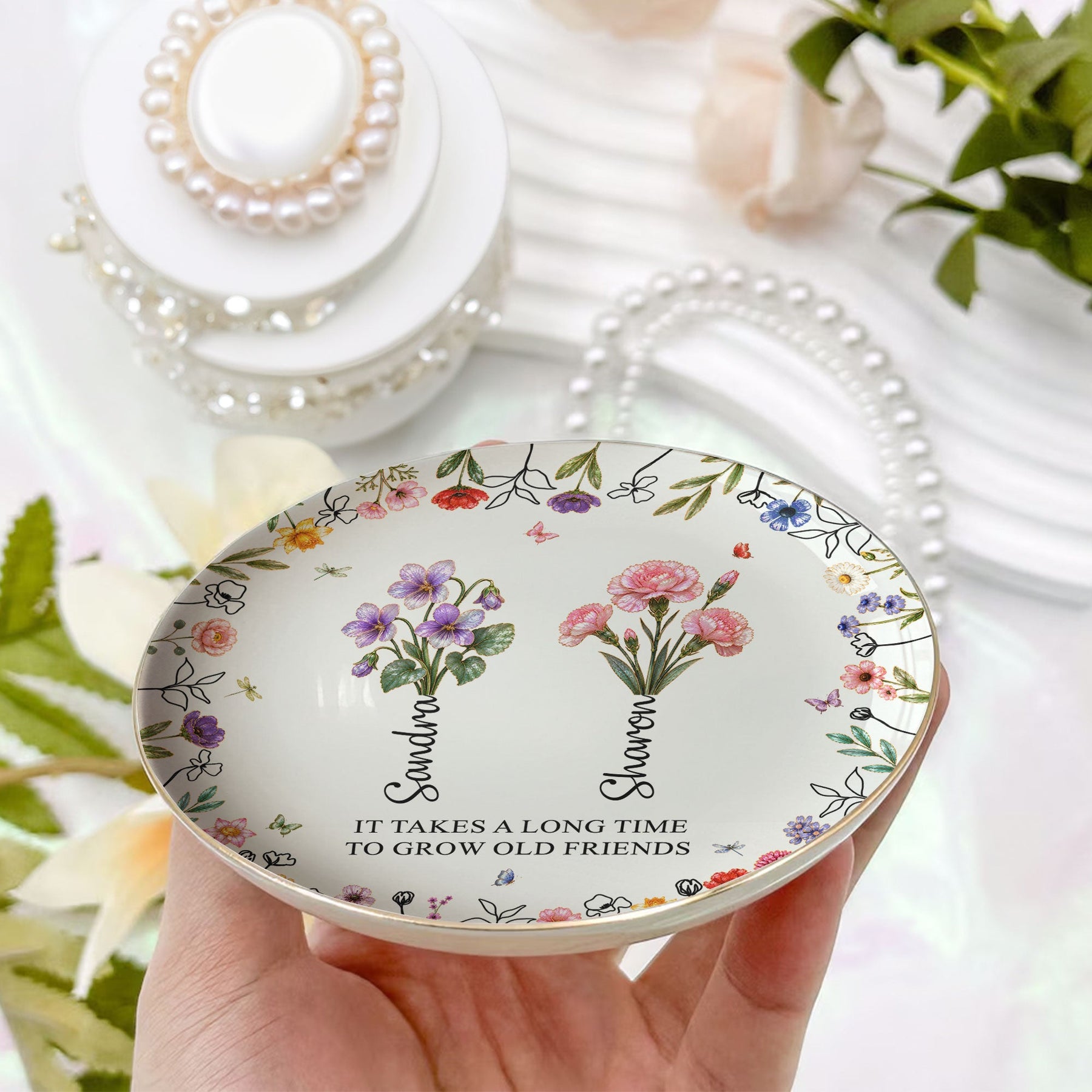 It Takes A Long Time To Grow An Old Friend, Bestie Mother Of Pearl - Personalized Jewelry Dish