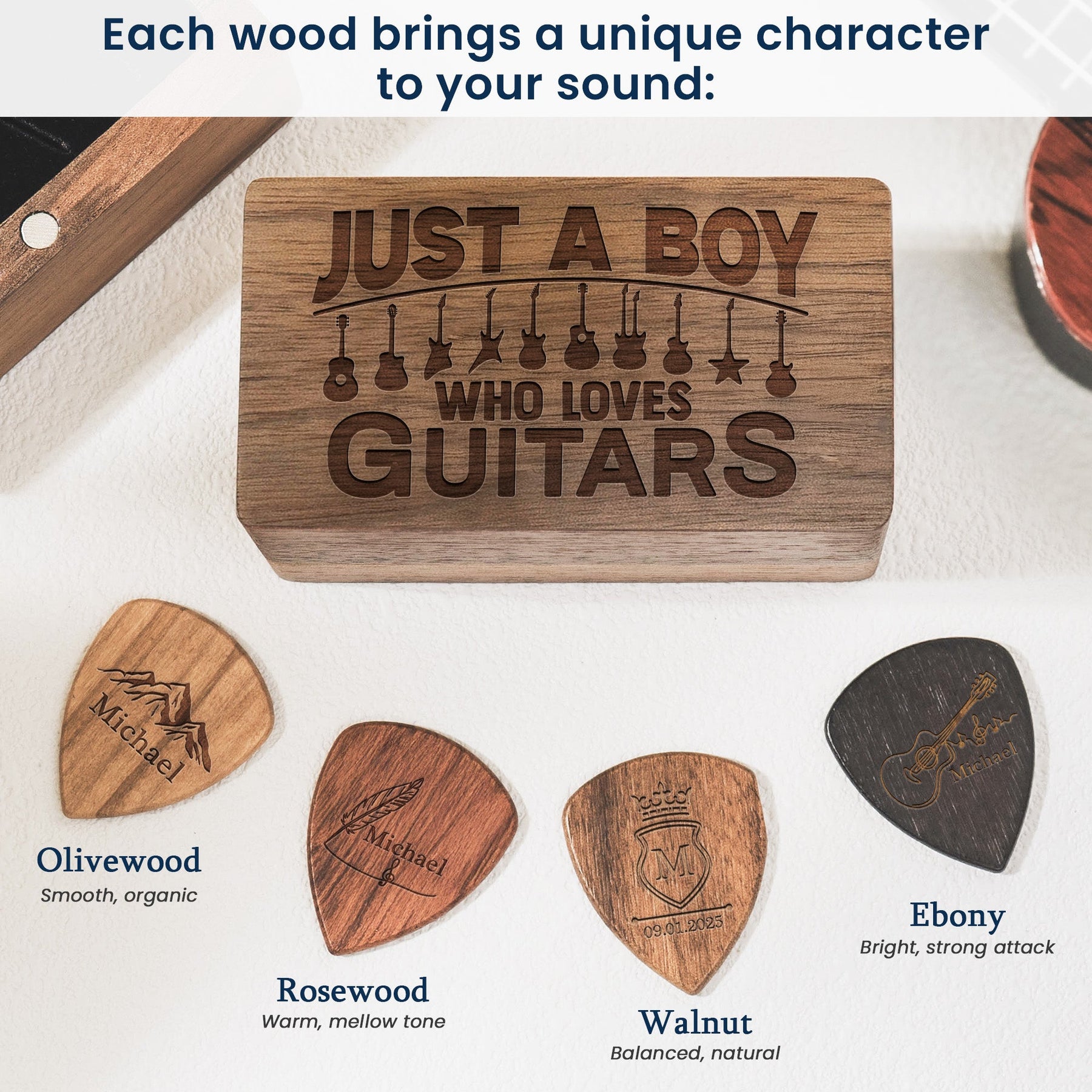 Just A Boy Who Loves Guitars - Personalized Wooden Guitar Pick Box