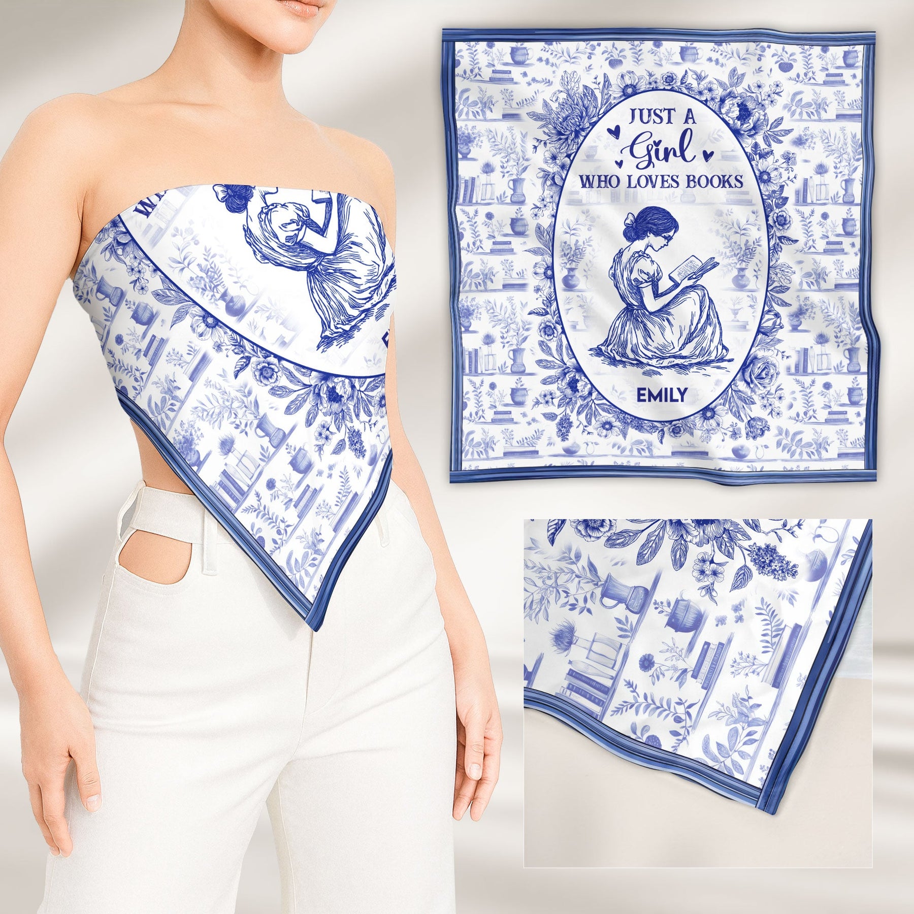 Just A Girl Who Loves Books Toile De Jouy - Personalized Satin Scarf