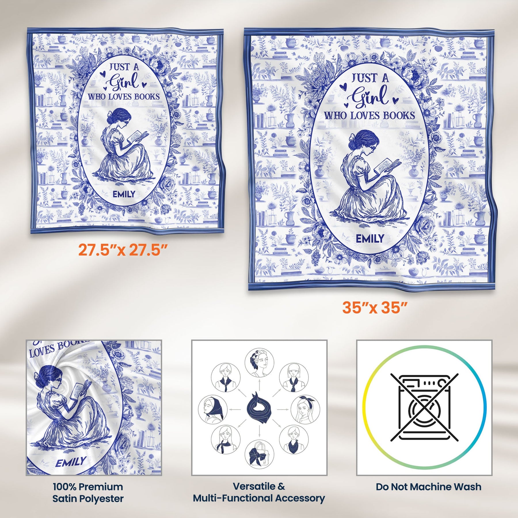 Just A Girl Who Loves Books Toile De Jouy - Personalized Satin Scarf