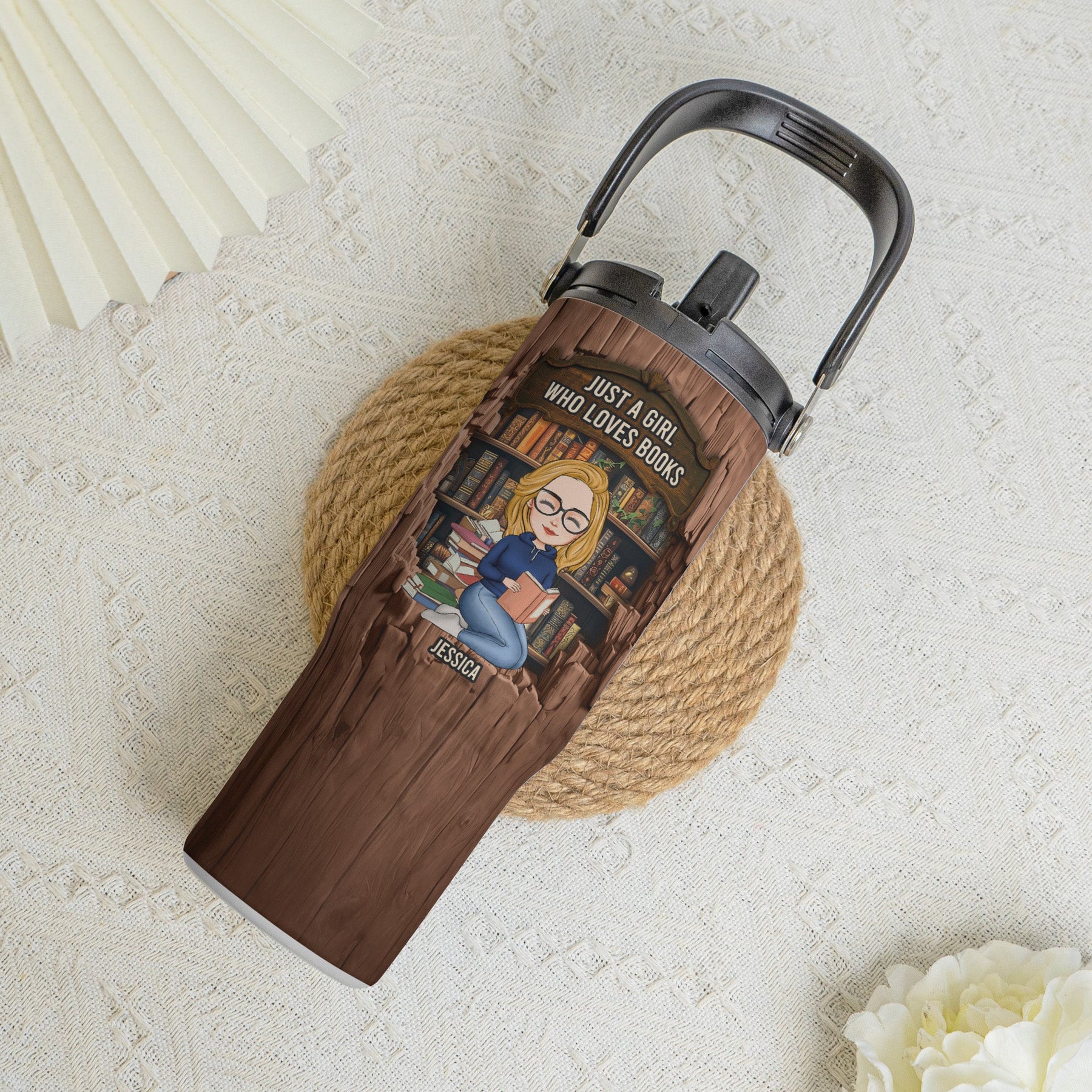Just A Girl Who Loves Books-Wood Effect - Personalized 30oz Tumbler With Handle