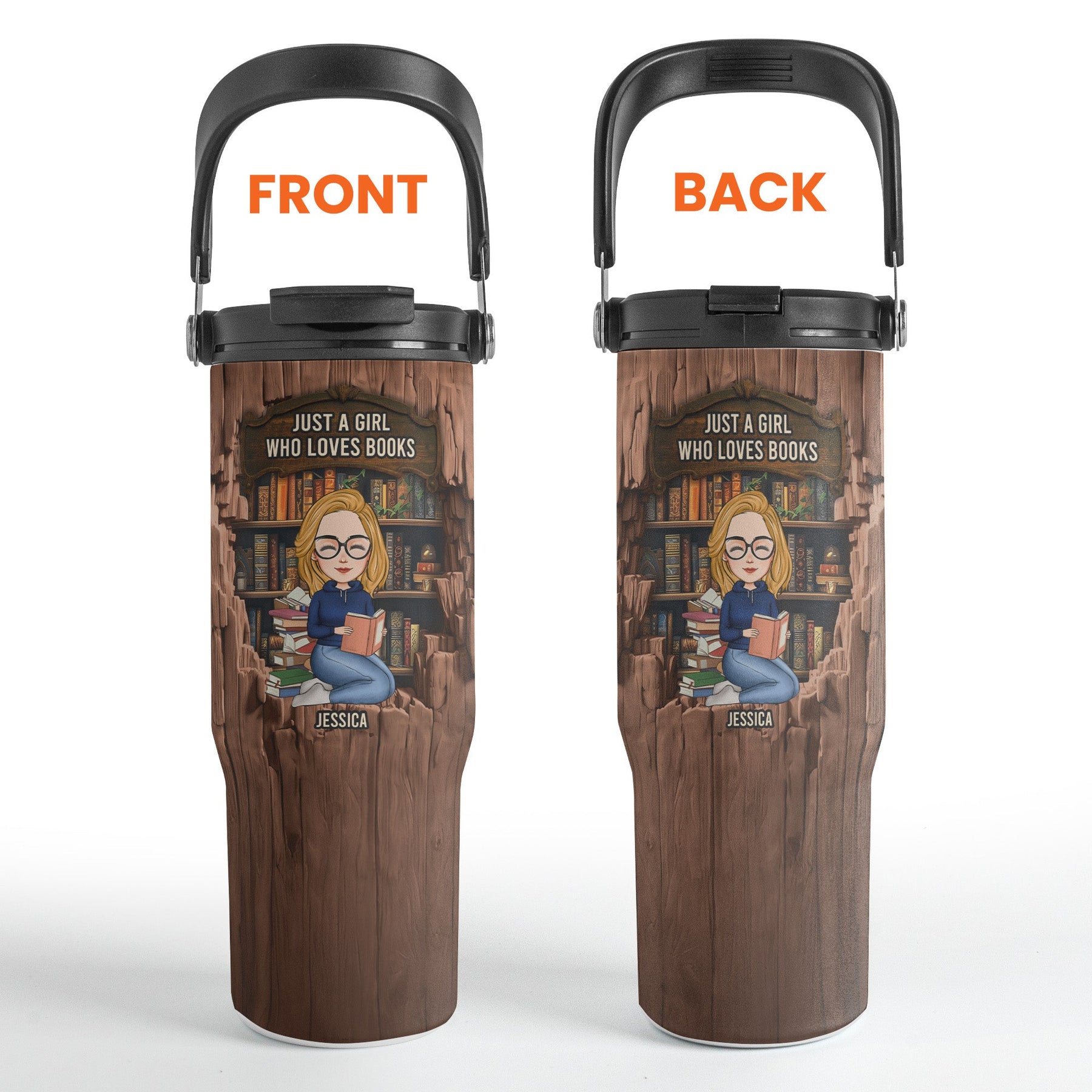 Just A Girl Who Loves Books-Wood Effect - Personalized 30oz Tumbler With Handle