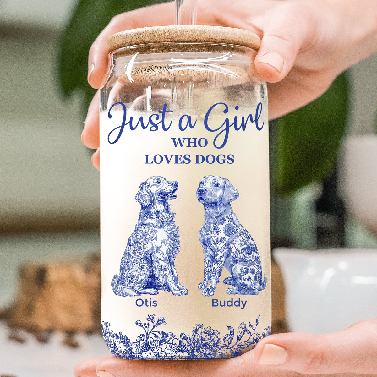 Just A Girl Who Loves Dogs Toile De Jouy Chinoiserie - Personalized Clear Glass Cup