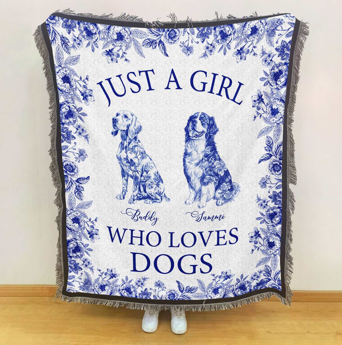 Just A Girl Who Loves Dogs Toile De Jouy Chinoiserie - Personalized Woven Blanket