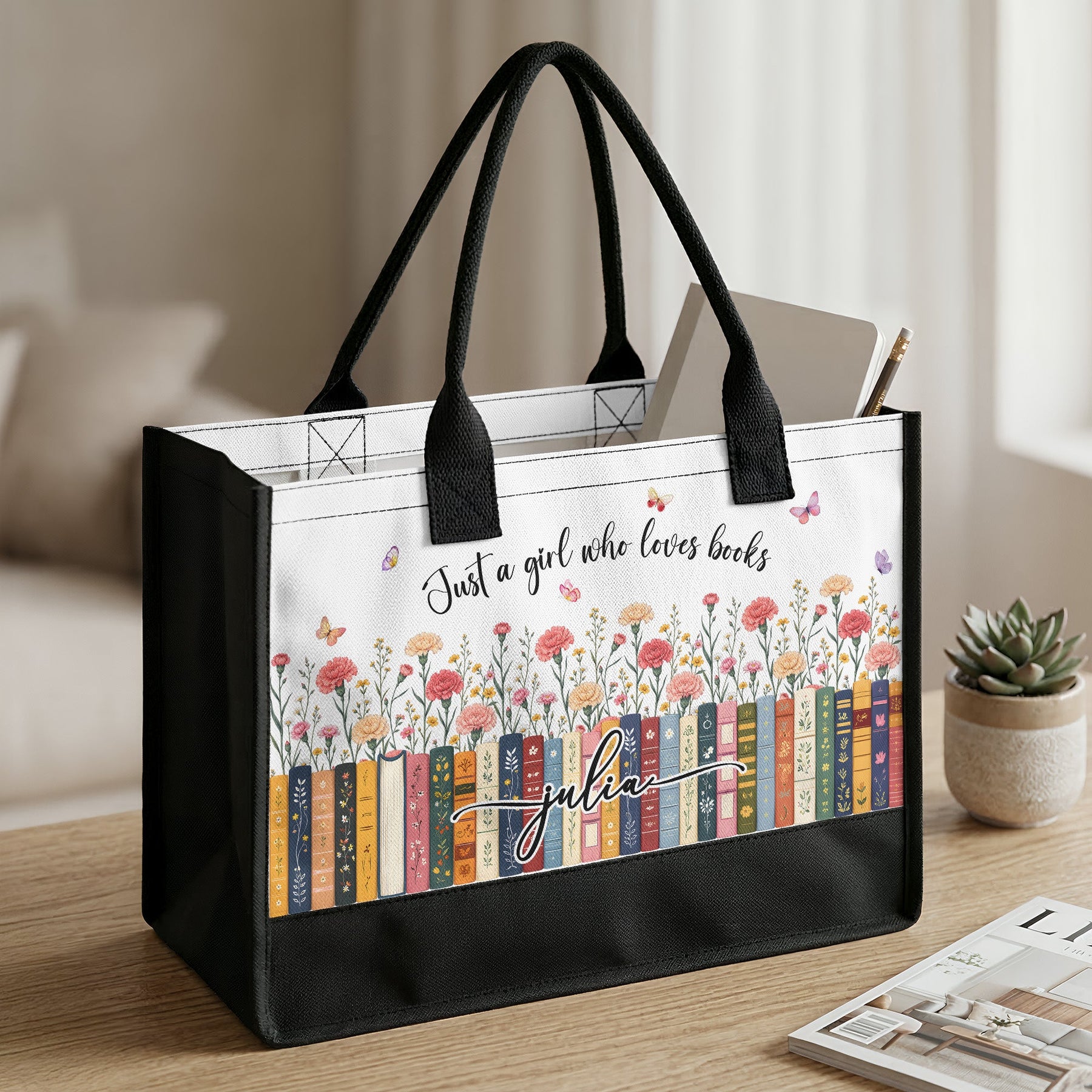 Just A Girl Who Loves Books - Custom Name, Quote & Birth Flower - Personalized Tote Bag