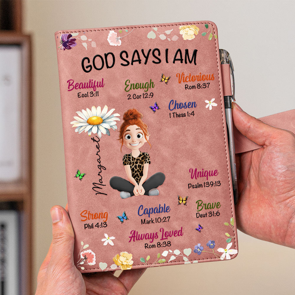 Kid Birth Flower God Says I Am - Personalized Leather Prayer Journal