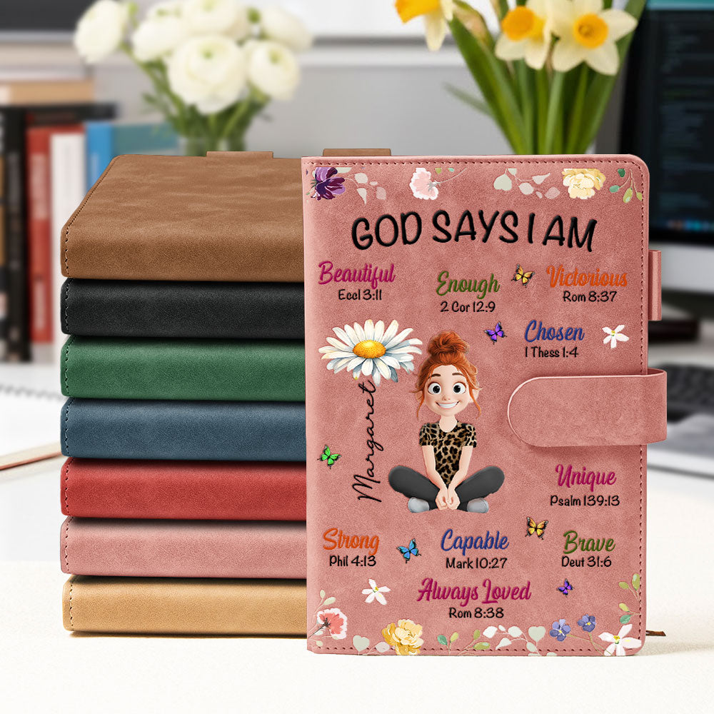 Kid Birth Flower God Says I Am - Personalized Leather Prayer Journal