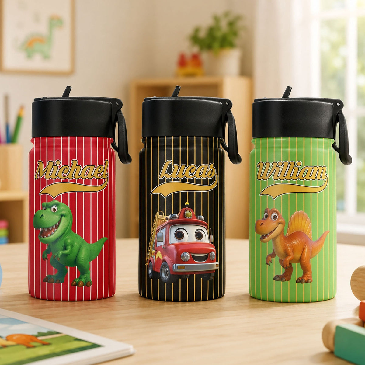 Kid Cartoon Dinosaurus Vehicles - Personalized Water Bottle