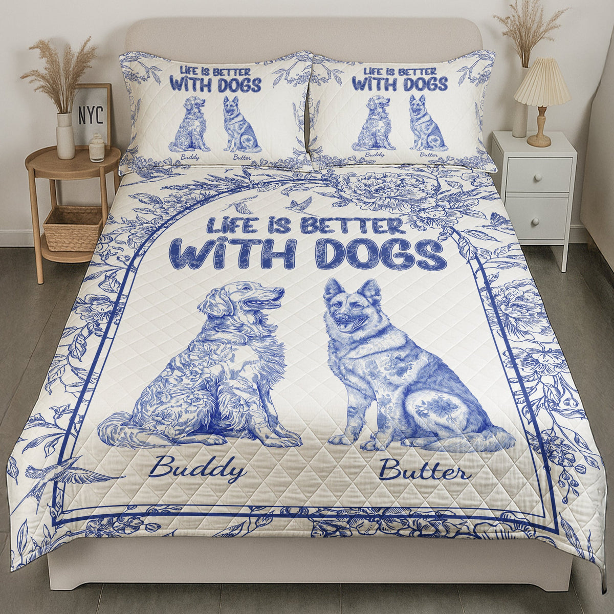 Life Is Better With Dogs Toile De Jouy Chinoiseries French Style - Custom Quilt Set