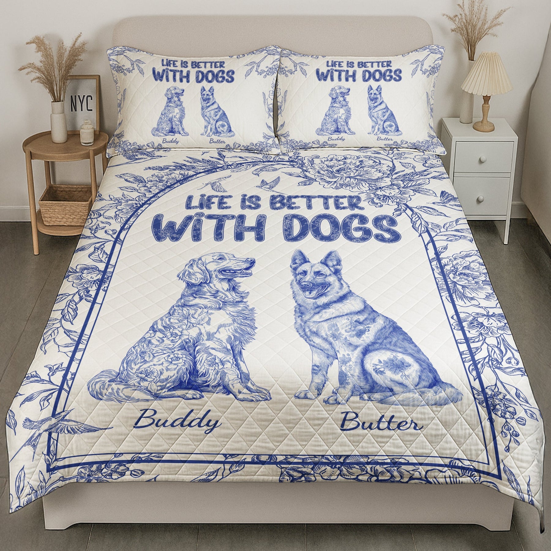 Life Is Better With Dogs Toile De Jouy Chinoiseries French Style - Custom Quilt Set