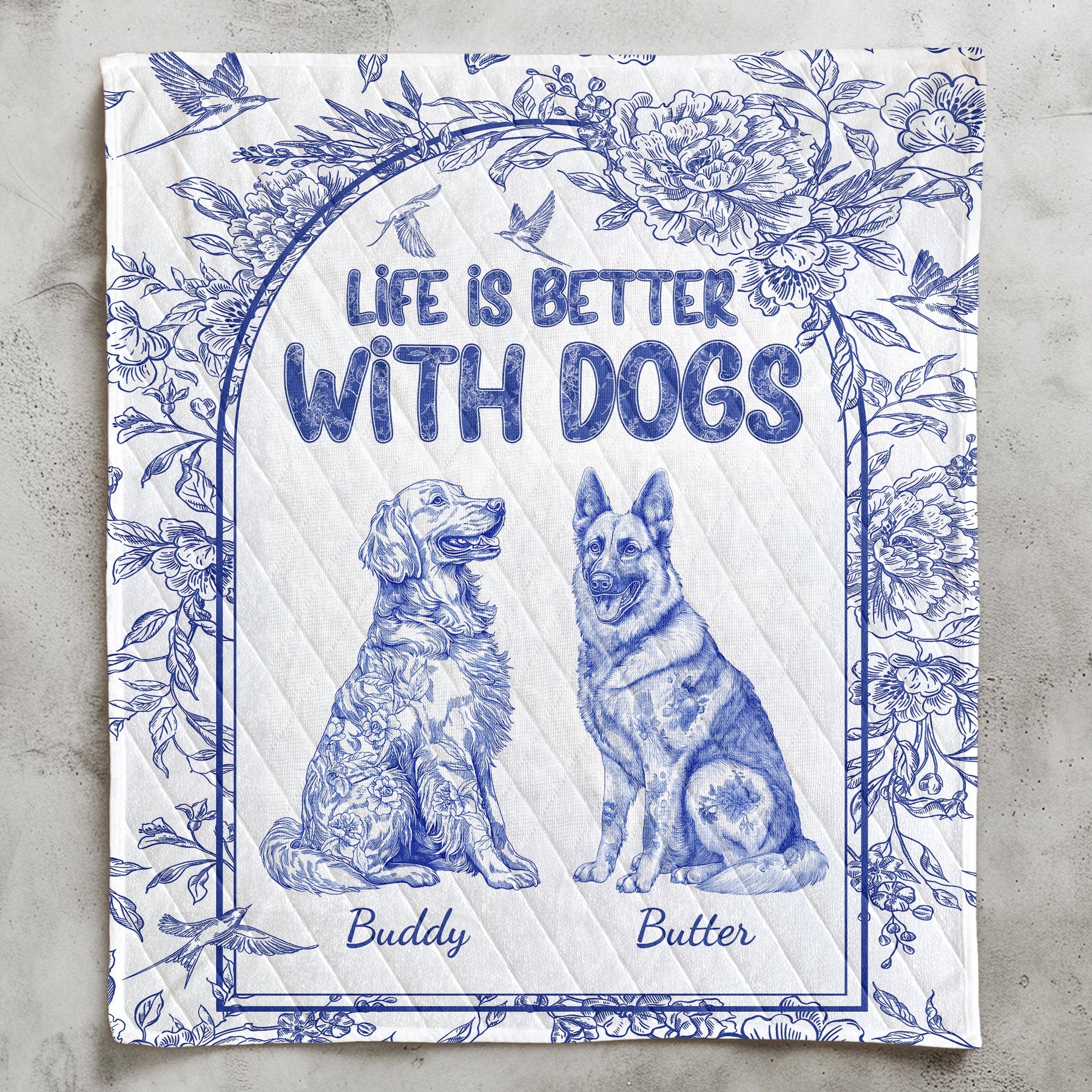 Life Is Better With Dogs Toile De Jouy Chinoiseries French Style - Custom Quilt Set