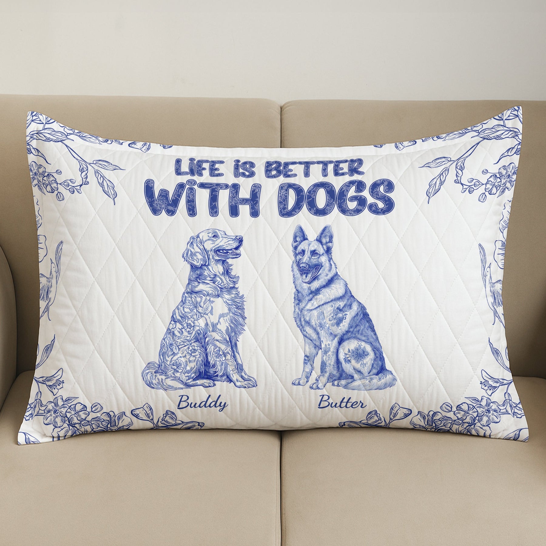 Life Is Better With Dogs Toile De Jouy Chinoiseries French Style - Custom Quilt Set