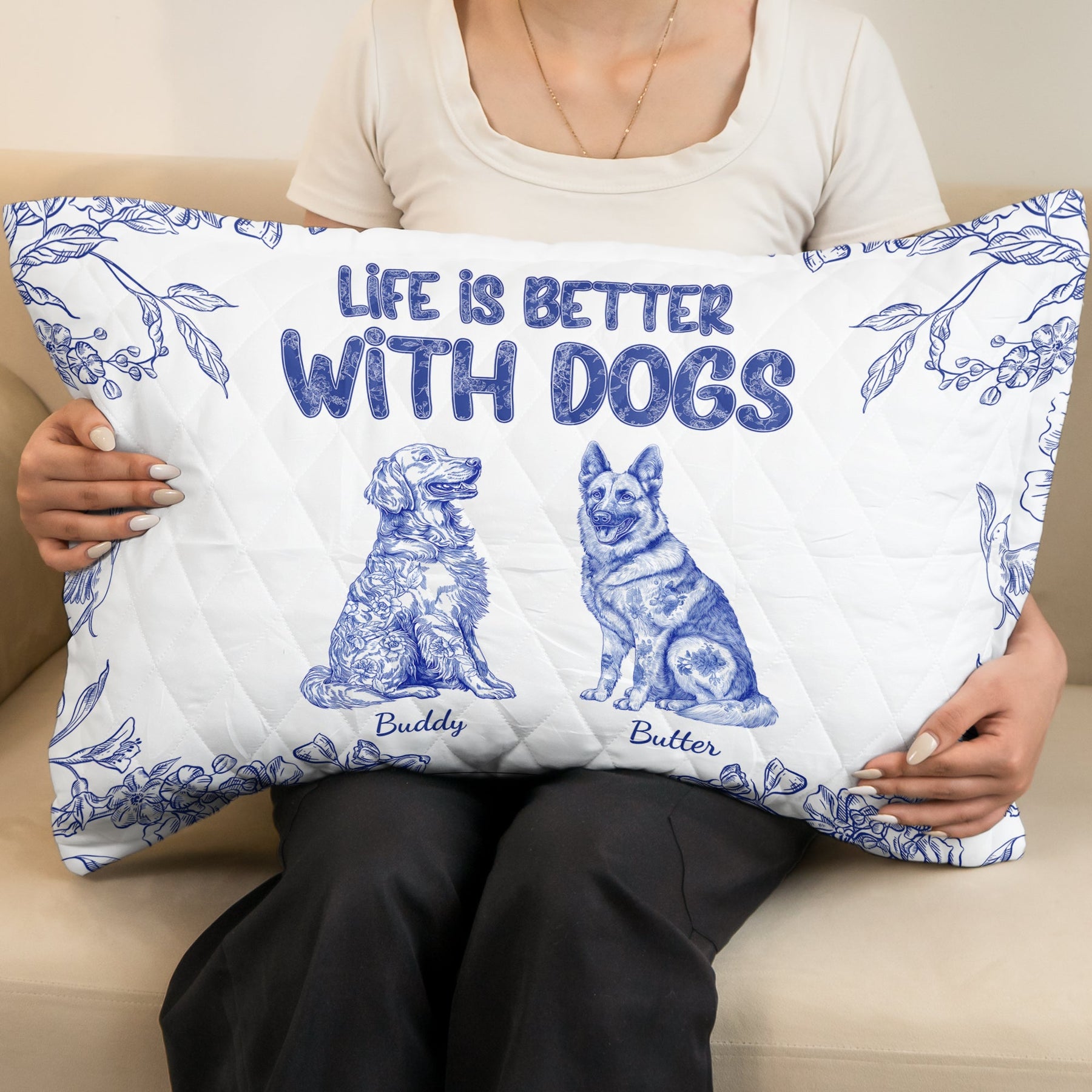 Life Is Better With Dogs Toile De Jouy Chinoiseries French Style - Custom Quilt Set