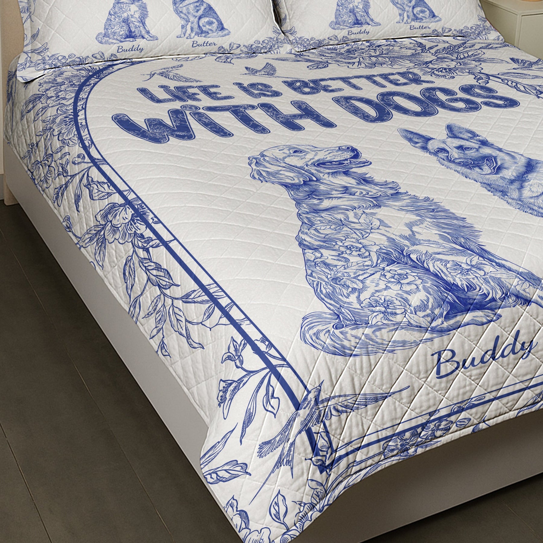 Life Is Better With Dogs Toile De Jouy Chinoiseries French Style - Custom Quilt Set