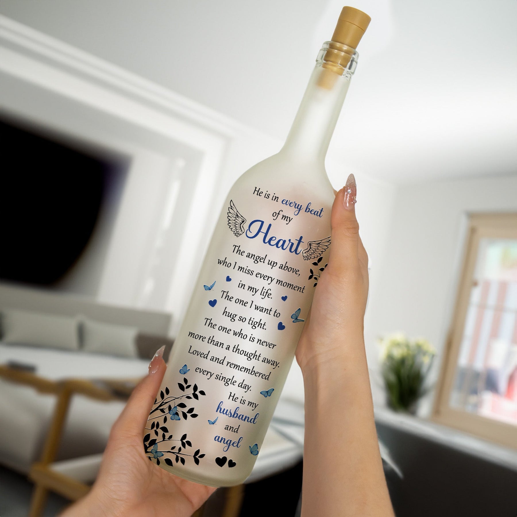Loss Of Husband Memorial He Is My Husband And Angel - Personalized Photo Bottle Lamp