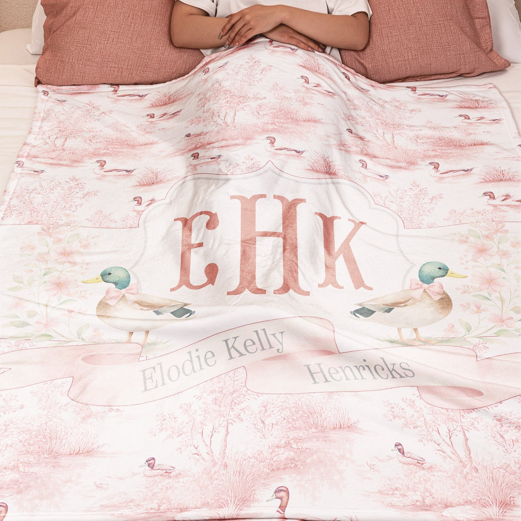 Mallard Duck Monogram Toile De Jouy Gift For Kid - Personalized Blanket