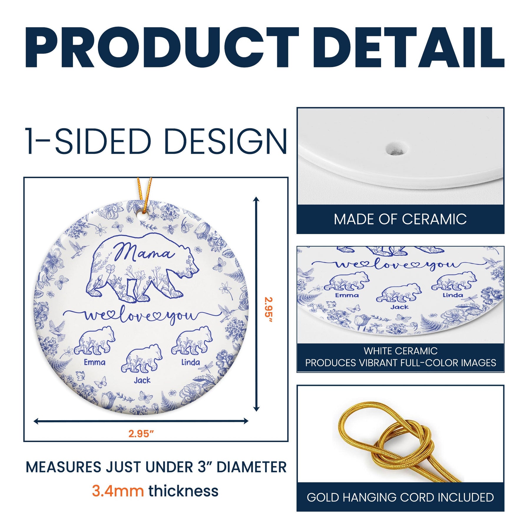 Mama Bear Toile De Jouy - Personalized Ceramic Ornament