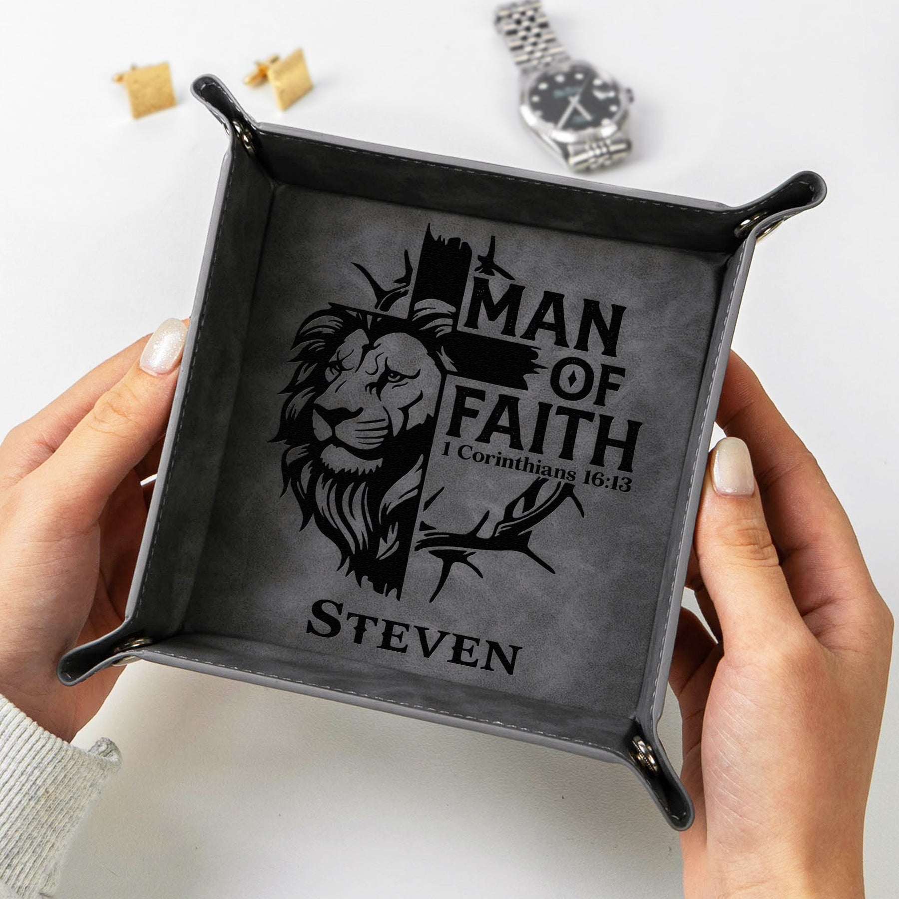 Man Of God - Man Of Faith Religious Christian Gift For Him - Personalized Leather Valet Tray