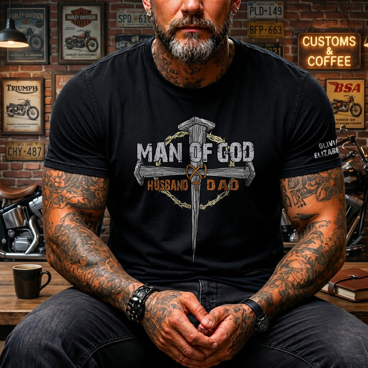 Man Of God Dad - Christian Father's Day Gifts Custom Kids' Names On Sleeves - Up To 12 Names - Personalized Shirt