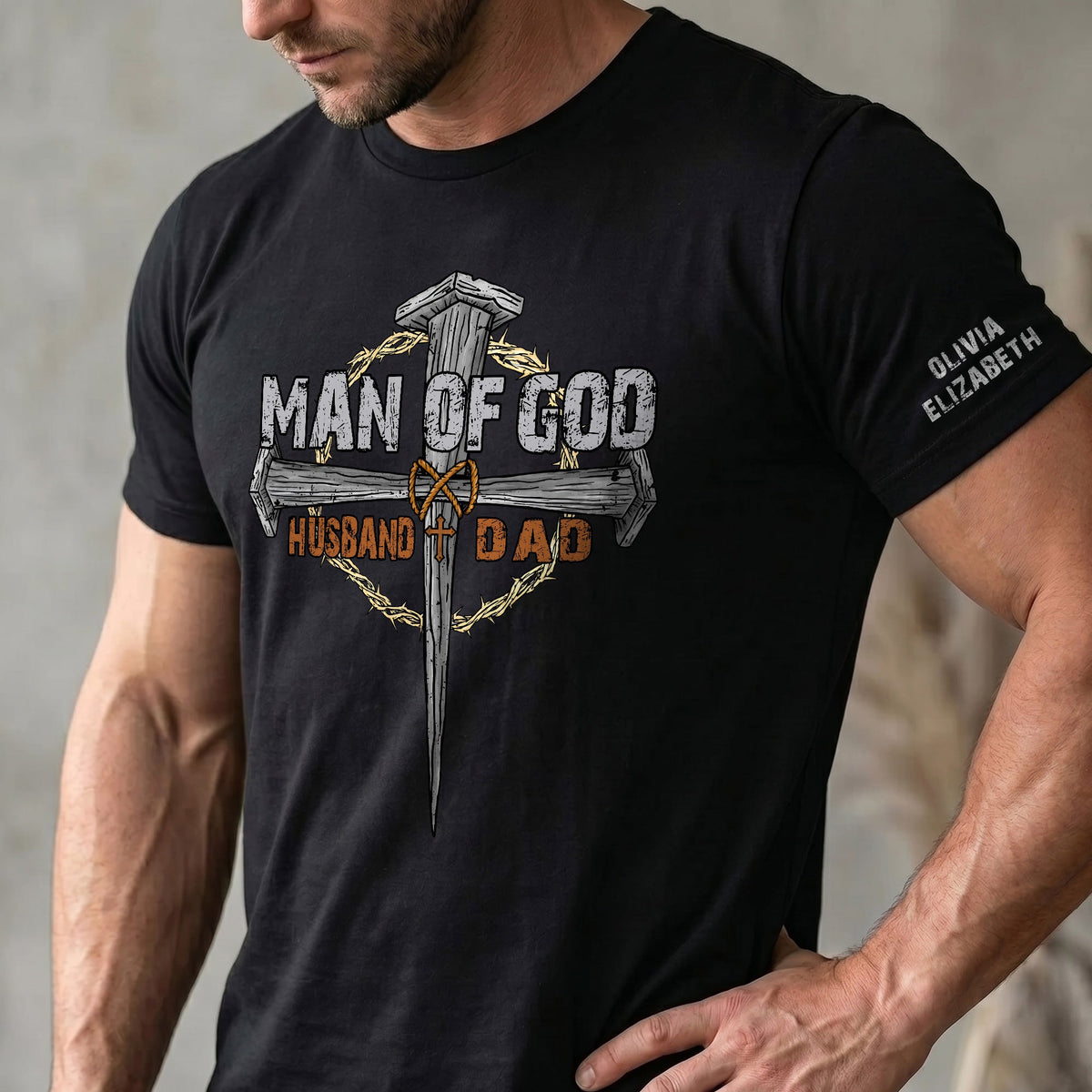 Man Of God Dad - Christian Father's Day Gifts Custom Kids' Names On Sleeves - Up To 12 Names - Personalized Shirt