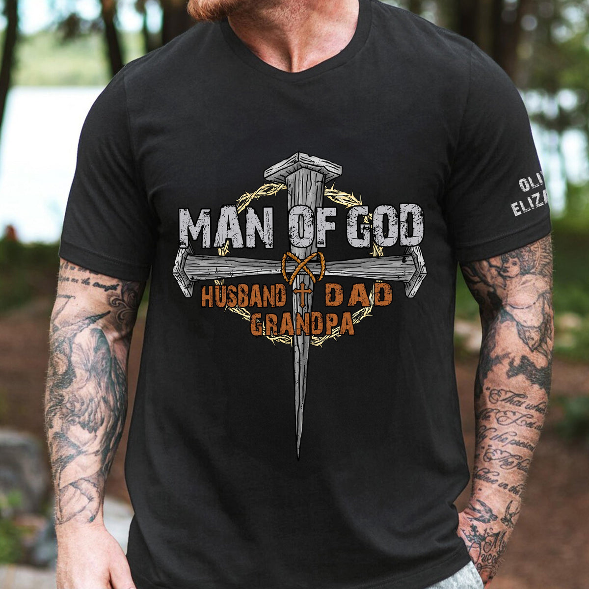 Man Of God Dad - Christian Father's Day Gifts Custom Kids' Names On Sleeves - Up To 12 Names - Personalized Shirt