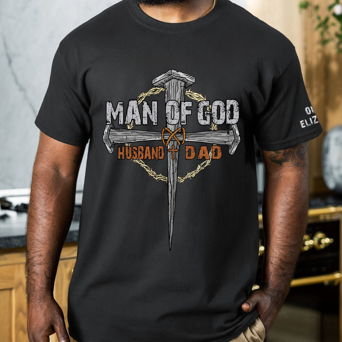 Man Of God Dad - Christian Father's Day Gifts Custom Kids' Names On Sleeves - Up To 12 Names - Personalized Shirt